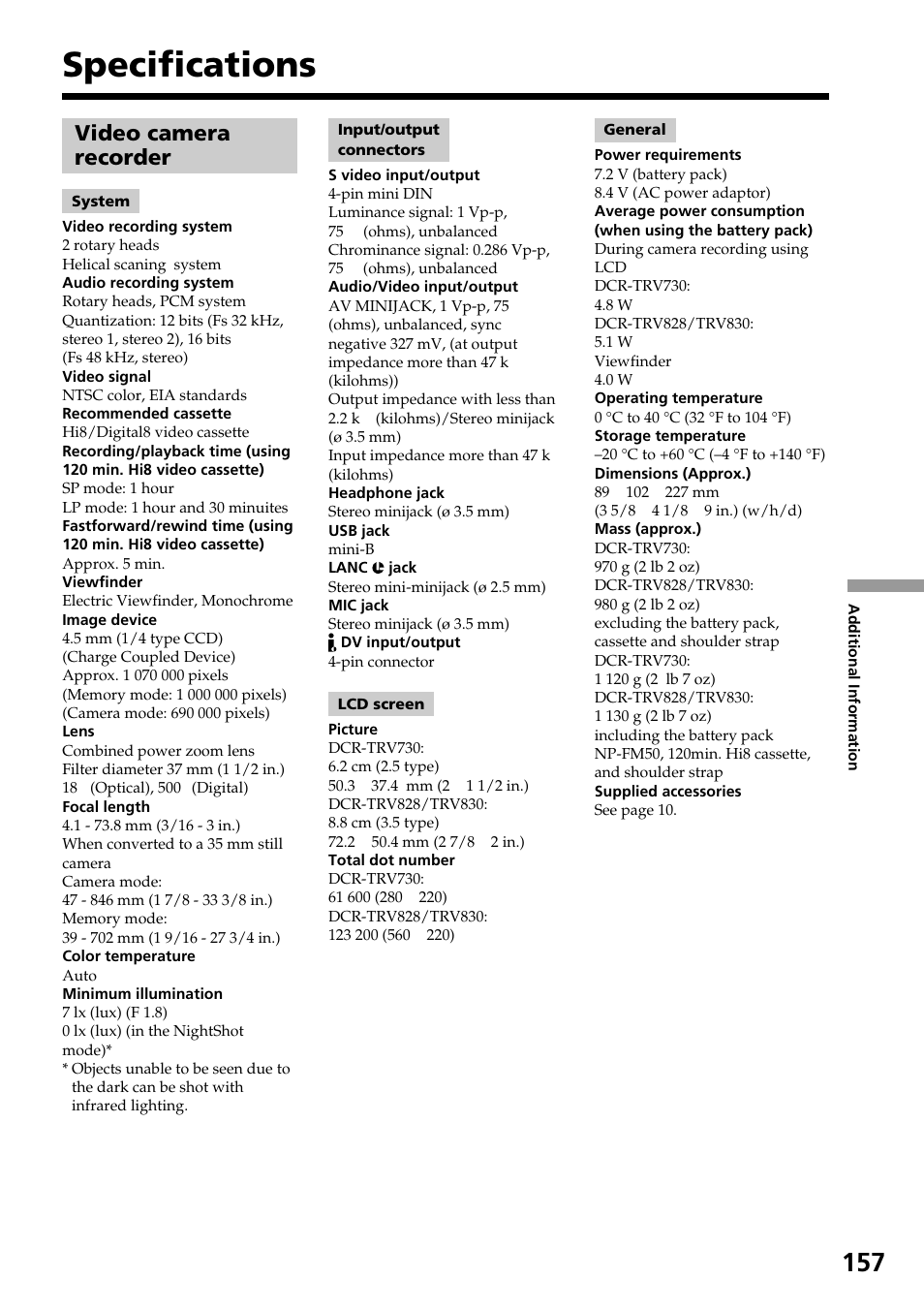 Specifications, Video camera recorder | Sony DCR-TRV830 User Manual | Page 157 / 168