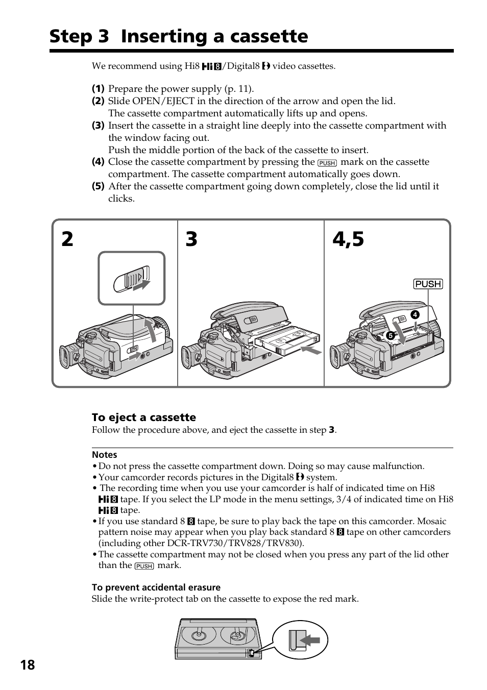 Step 3 inserting a cassette | Sony DCR-TRV830 User Manual | Page 18 / 168