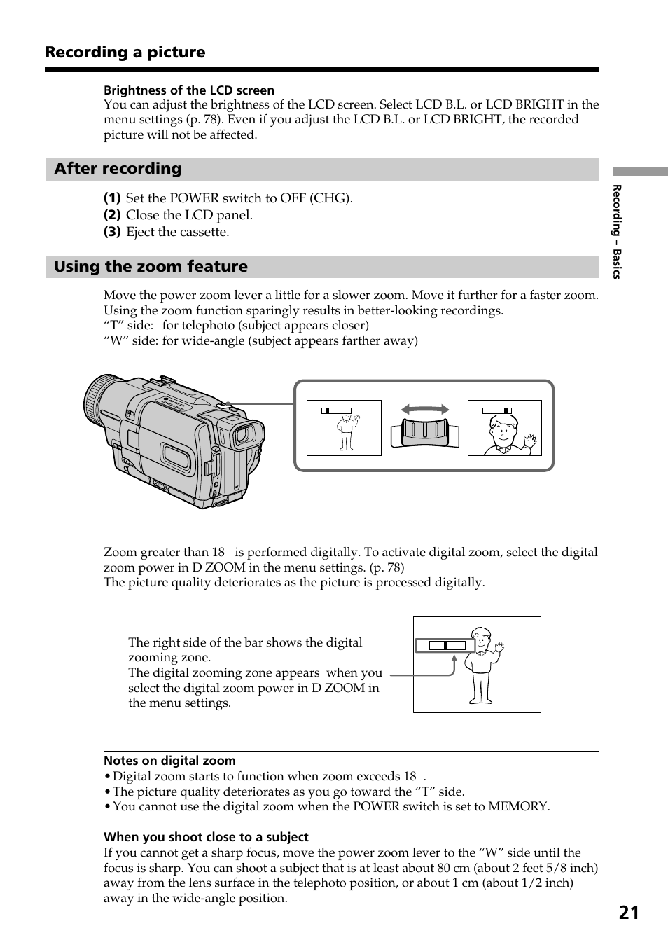 After recording, Using the zoom feature, Recording a picture | Sony DCR-TRV830 User Manual | Page 21 / 168