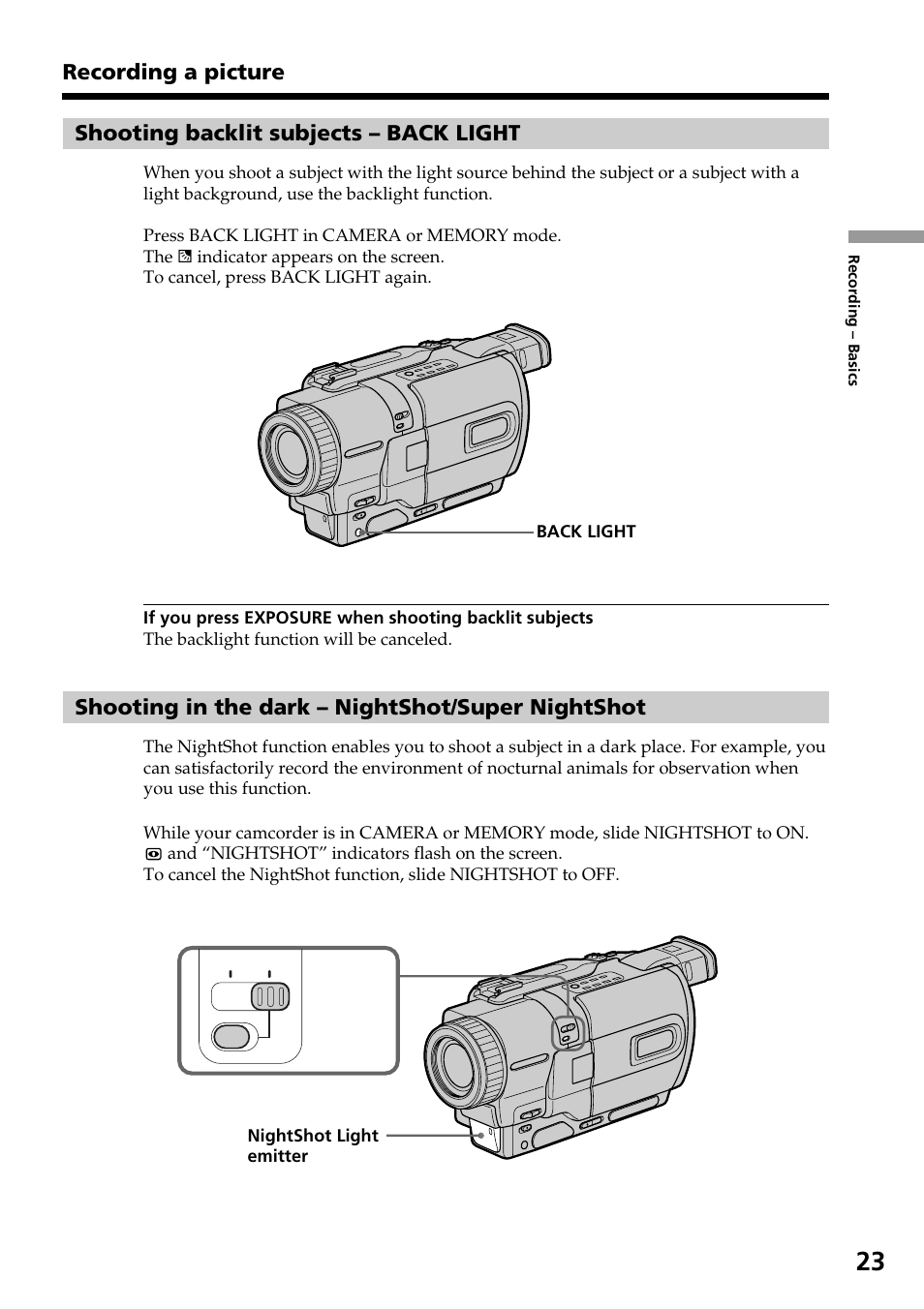Shooting in the dark – nightshot/super nightshot | Sony DCR-TRV830 User Manual | Page 23 / 168