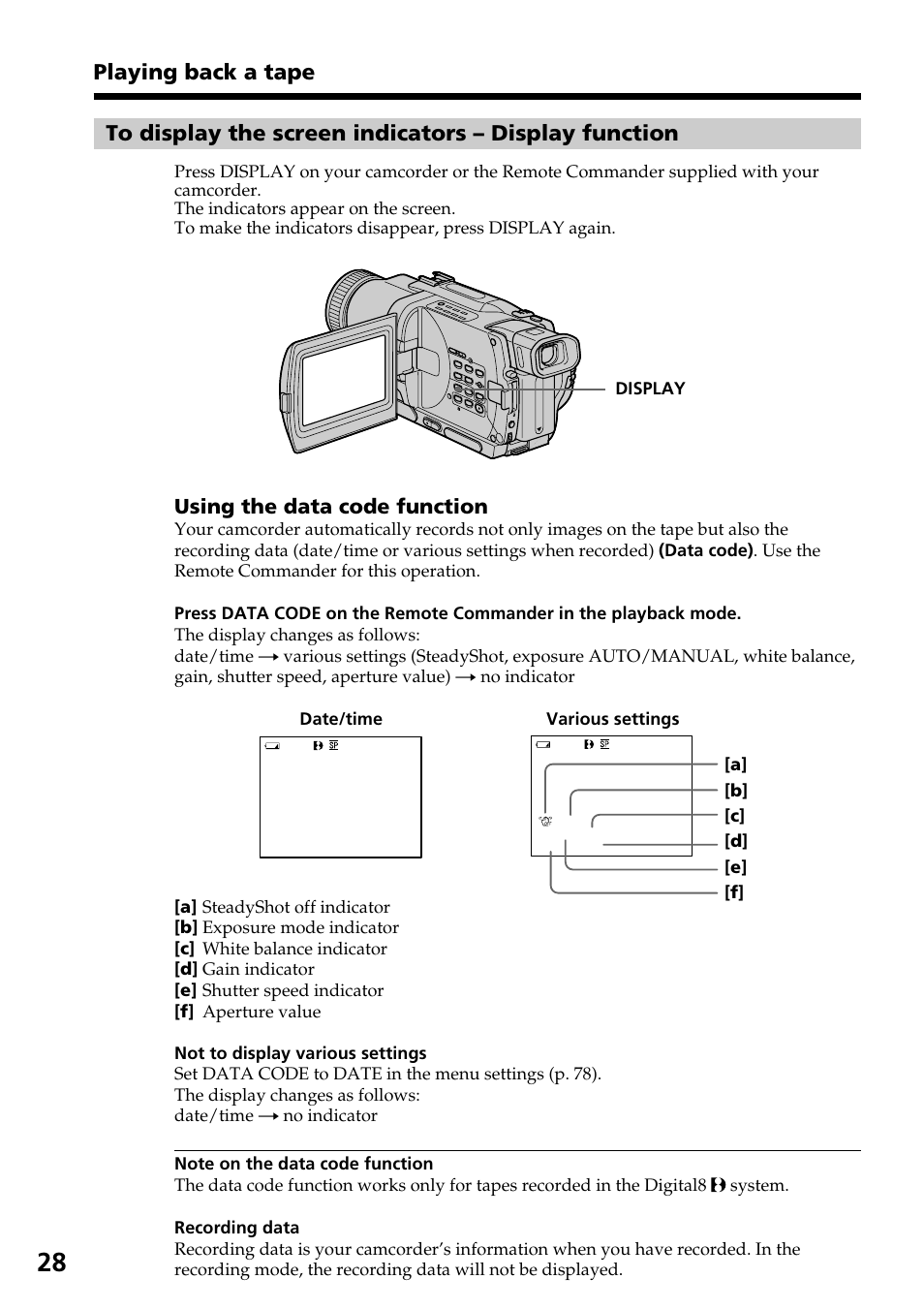 Playing back a tape, Using the data code function | Sony DCR-TRV830 User Manual | Page 28 / 168