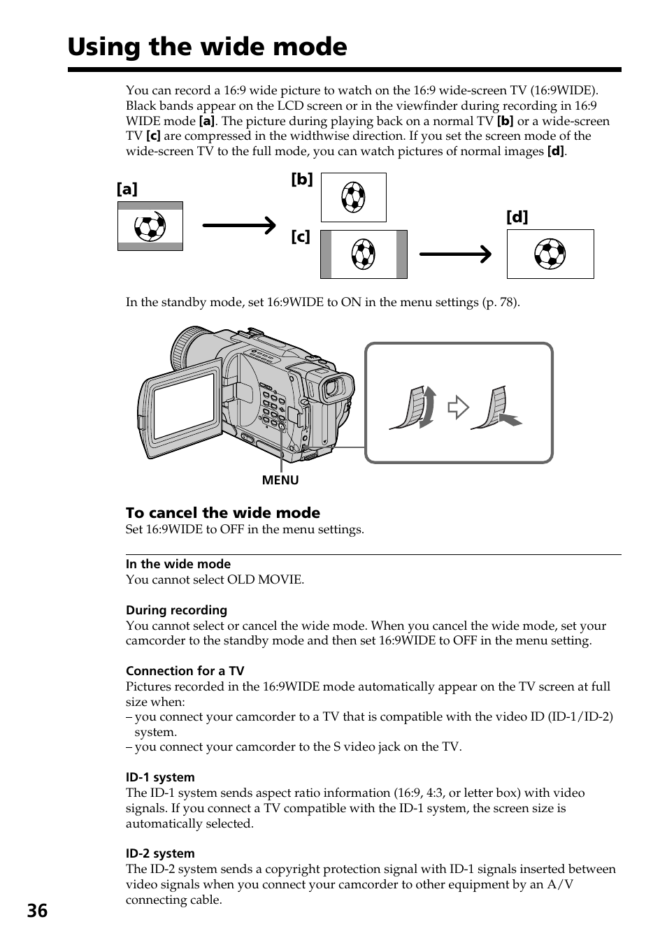 Using the wide mode | Sony DCR-TRV830 User Manual | Page 36 / 168