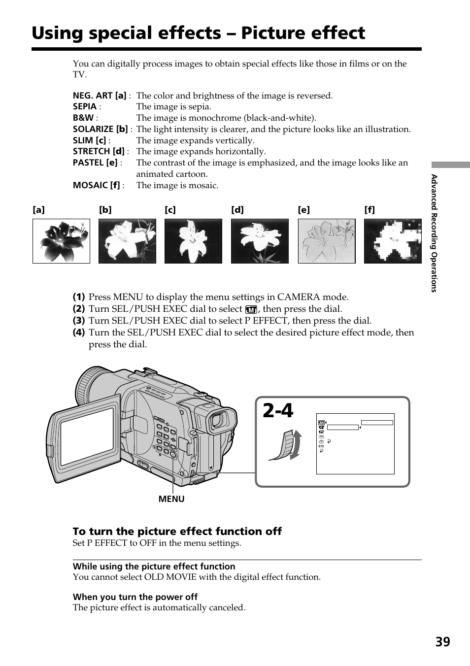 Using special effects – picture effect | Sony DCR-TRV830 User Manual | Page 39 / 168