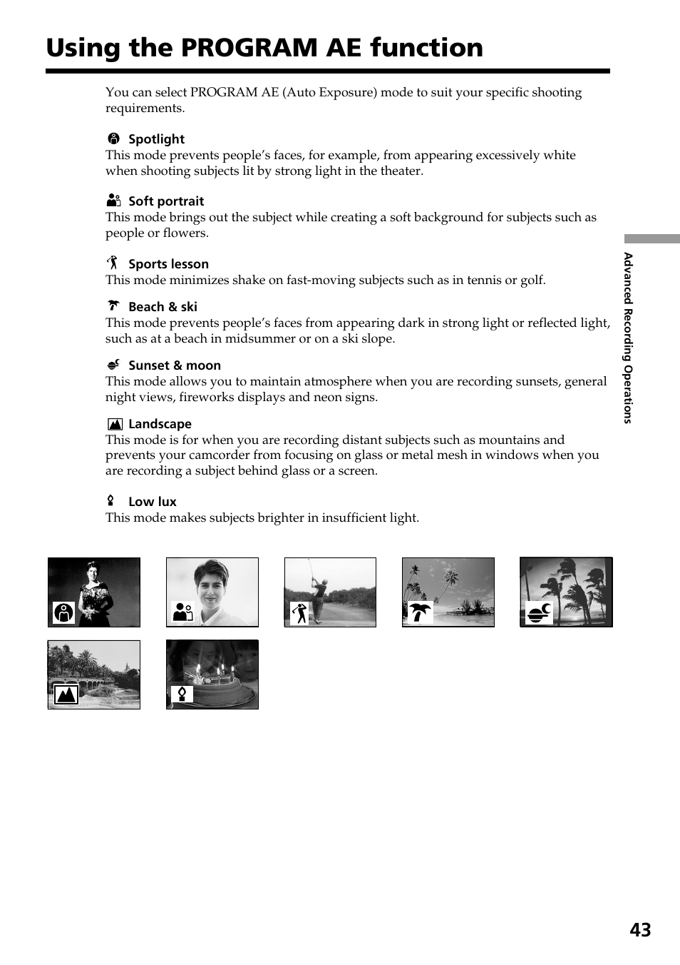 Using the program ae function | Sony DCR-TRV830 User Manual | Page 43 / 168