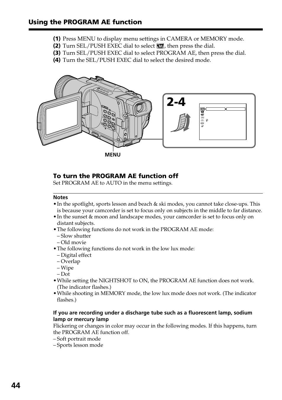 Using the program ae function | Sony DCR-TRV830 User Manual | Page 44 / 168