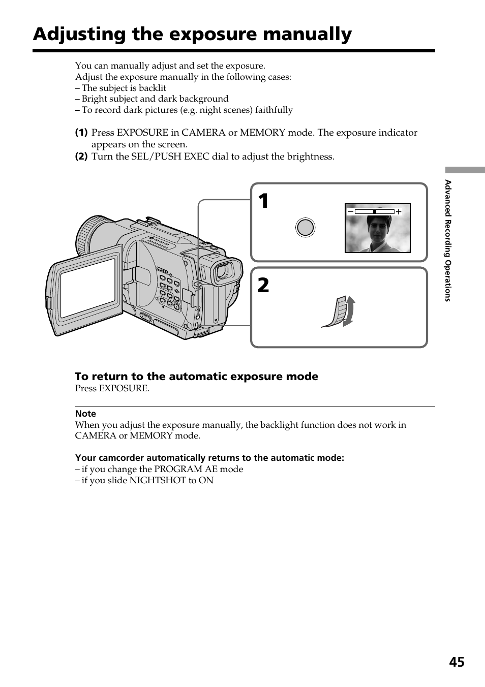 Adjusting the exposure manually | Sony DCR-TRV830 User Manual | Page 45 / 168