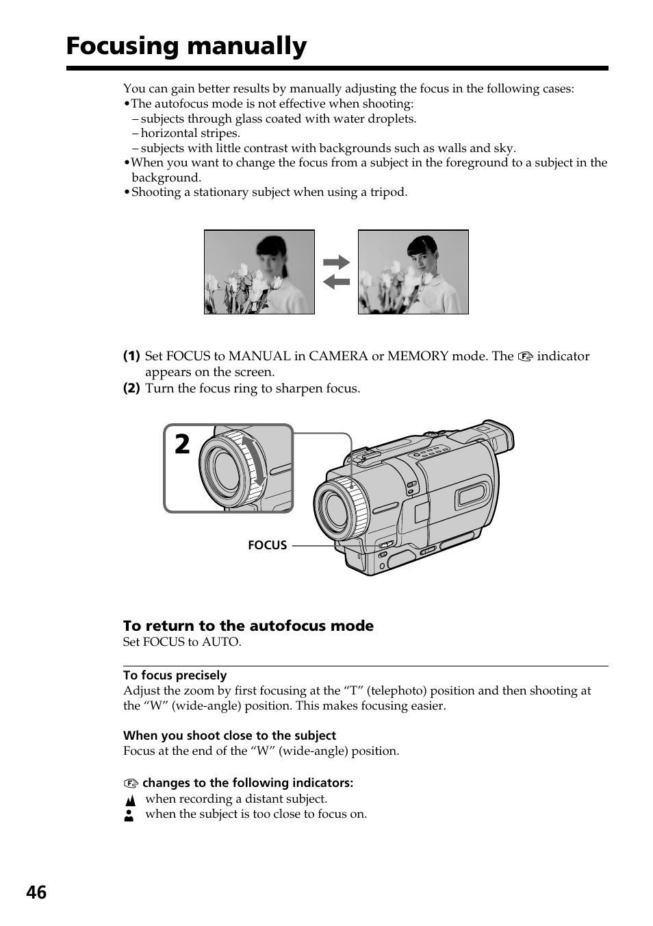 Focusing manually | Sony DCR-TRV830 User Manual | Page 46 / 168