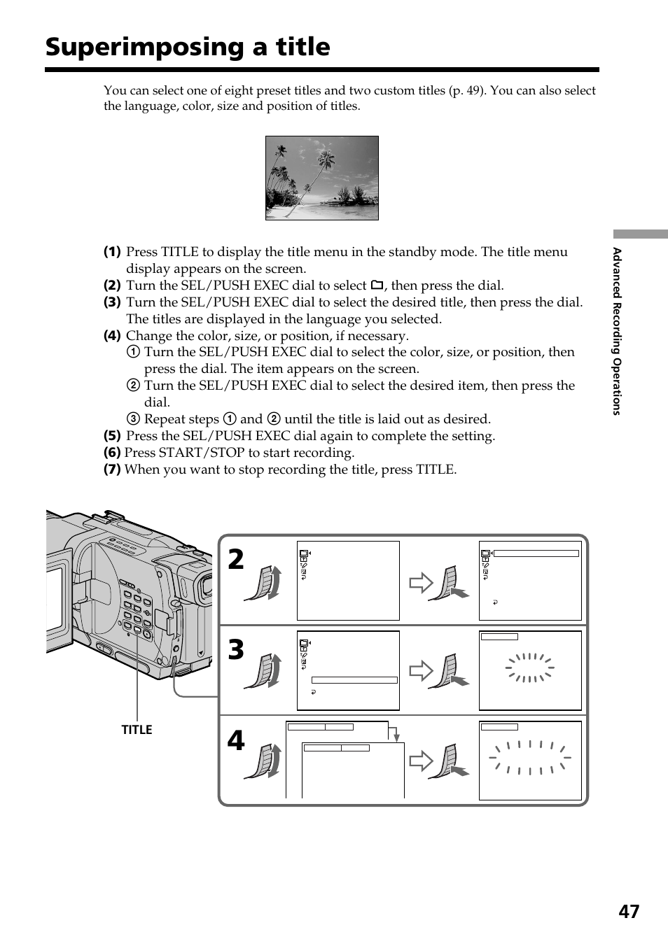 Superimposing a title | Sony DCR-TRV830 User Manual | Page 47 / 168