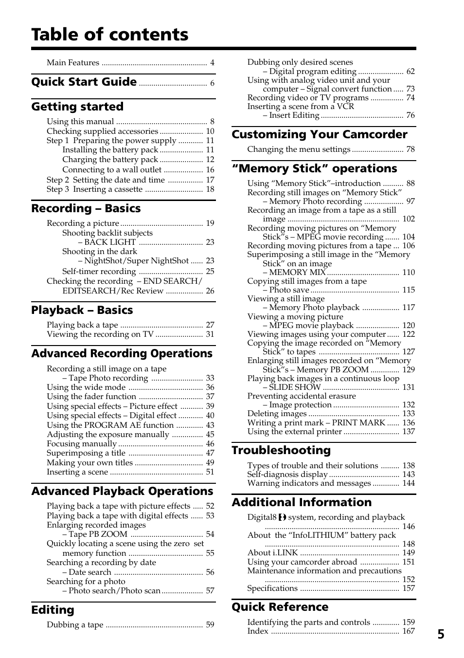 Sony DCR-TRV830 User Manual | Page 5 / 168
