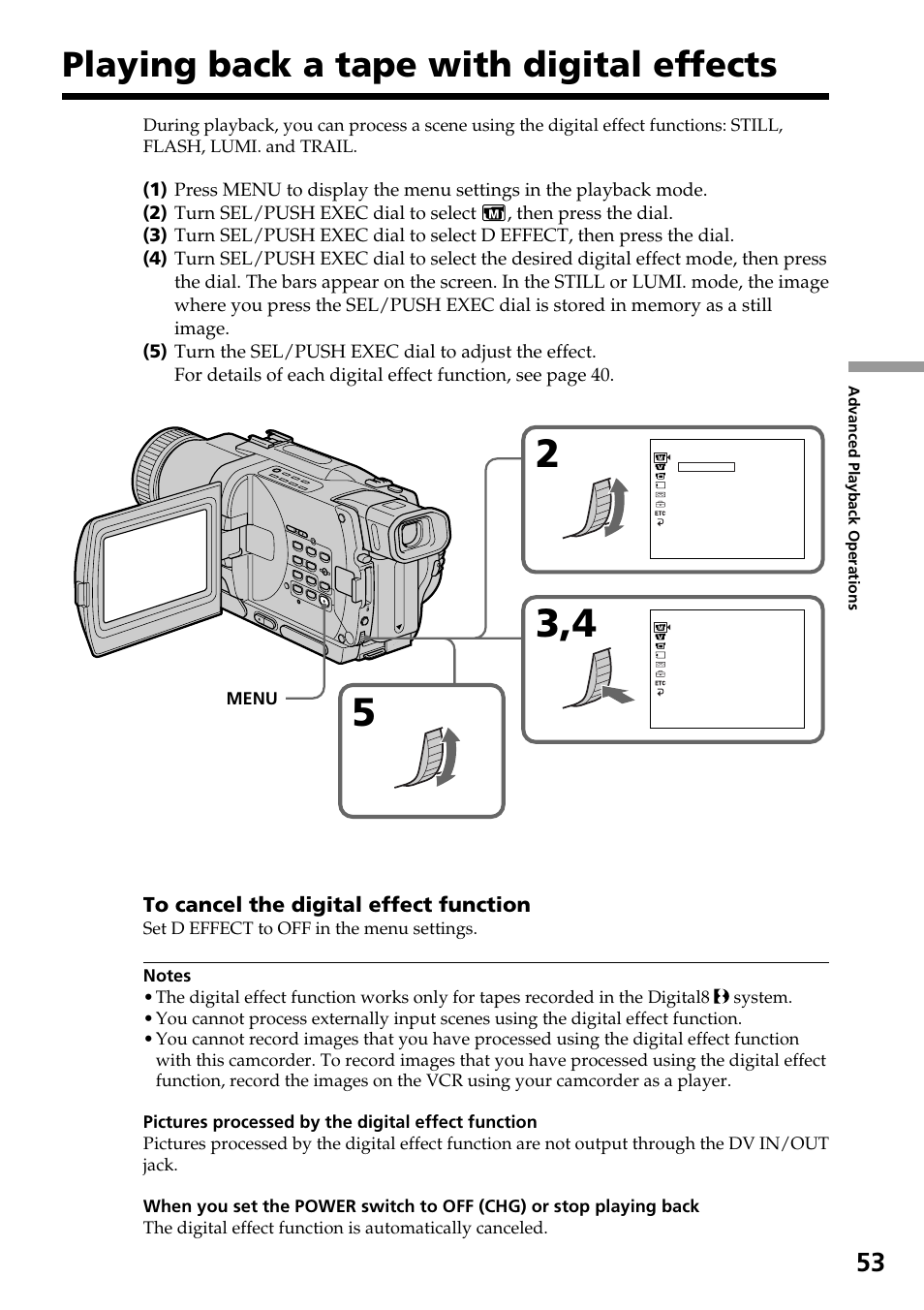 Playing back a tape with digital effects | Sony DCR-TRV830 User Manual | Page 53 / 168