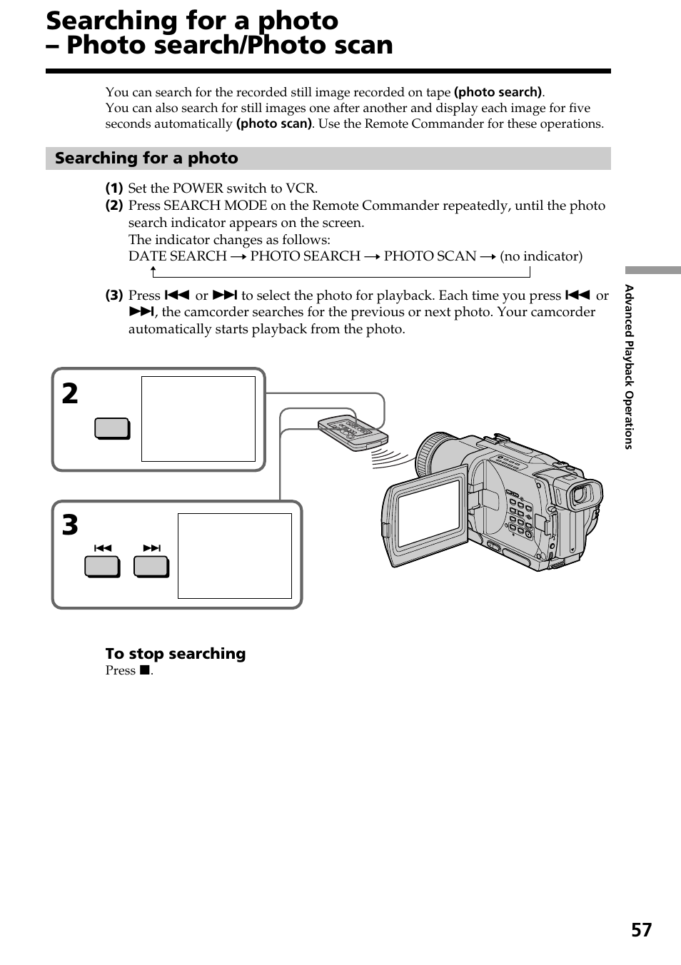 Searching for a photo – photo search/photo scan | Sony DCR-TRV830 User Manual | Page 57 / 168