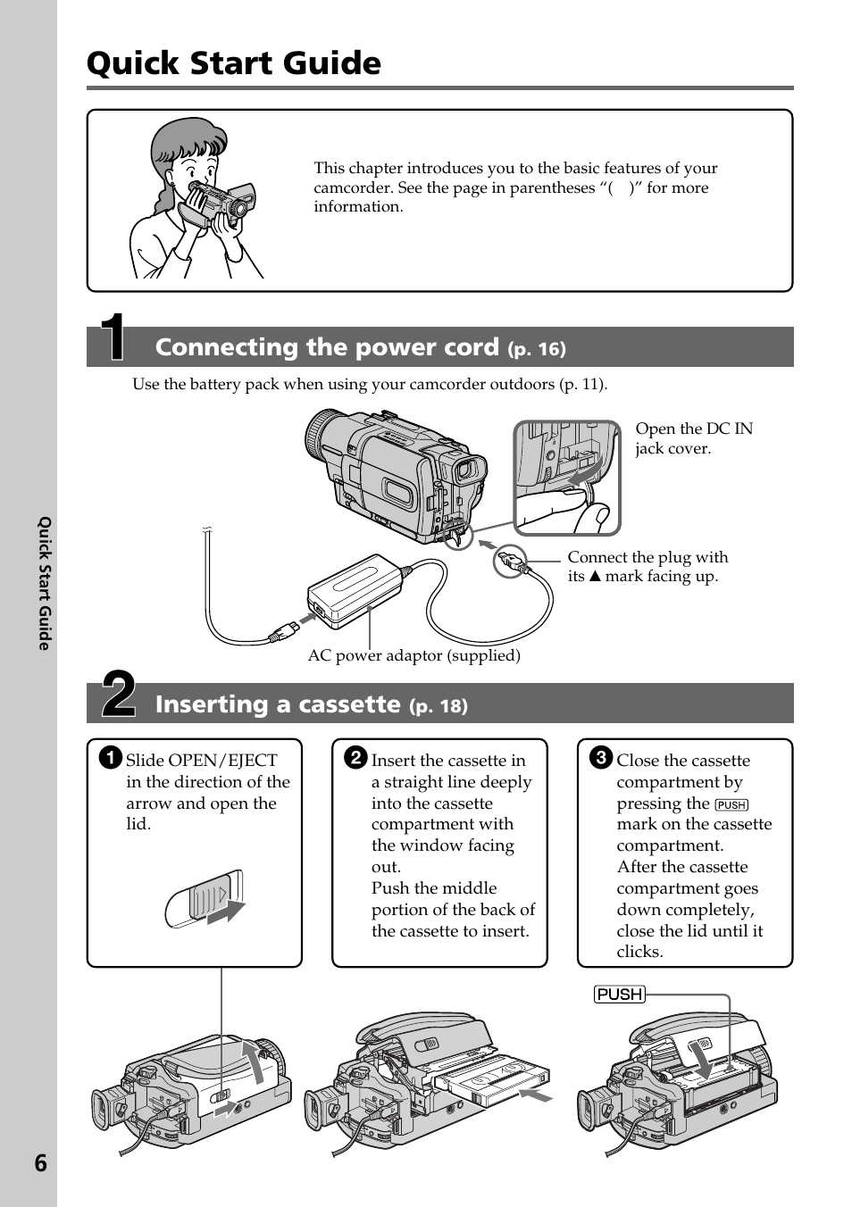 Quick start guide, Inserting a cassette, Connecting the power cord | Sony DCR-TRV830 User Manual | Page 6 / 168