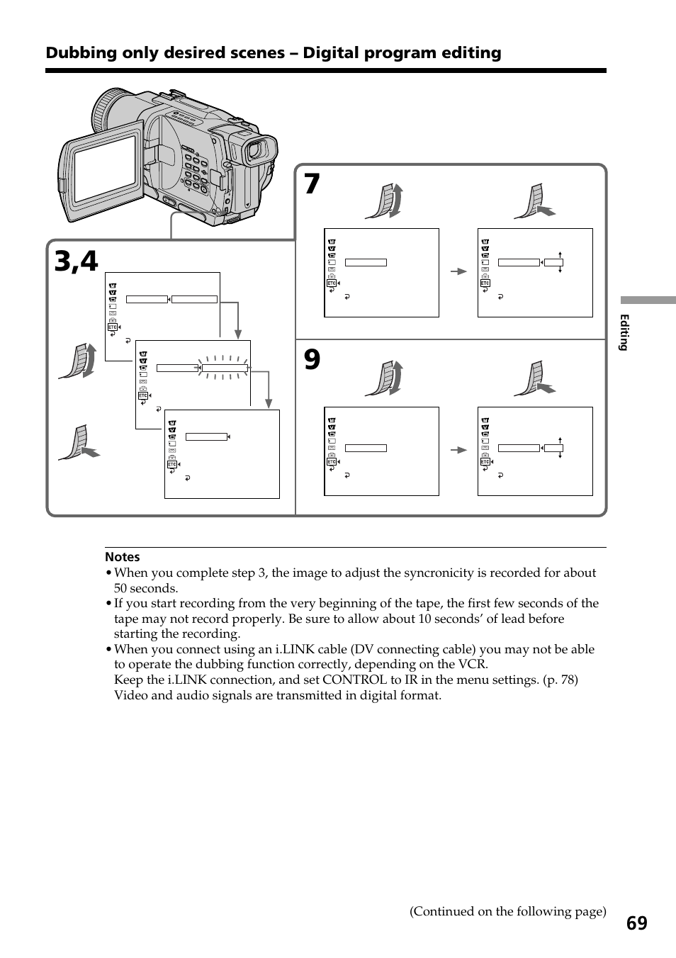 Continued on the following page), Editing | Sony DCR-TRV830 User Manual | Page 69 / 168