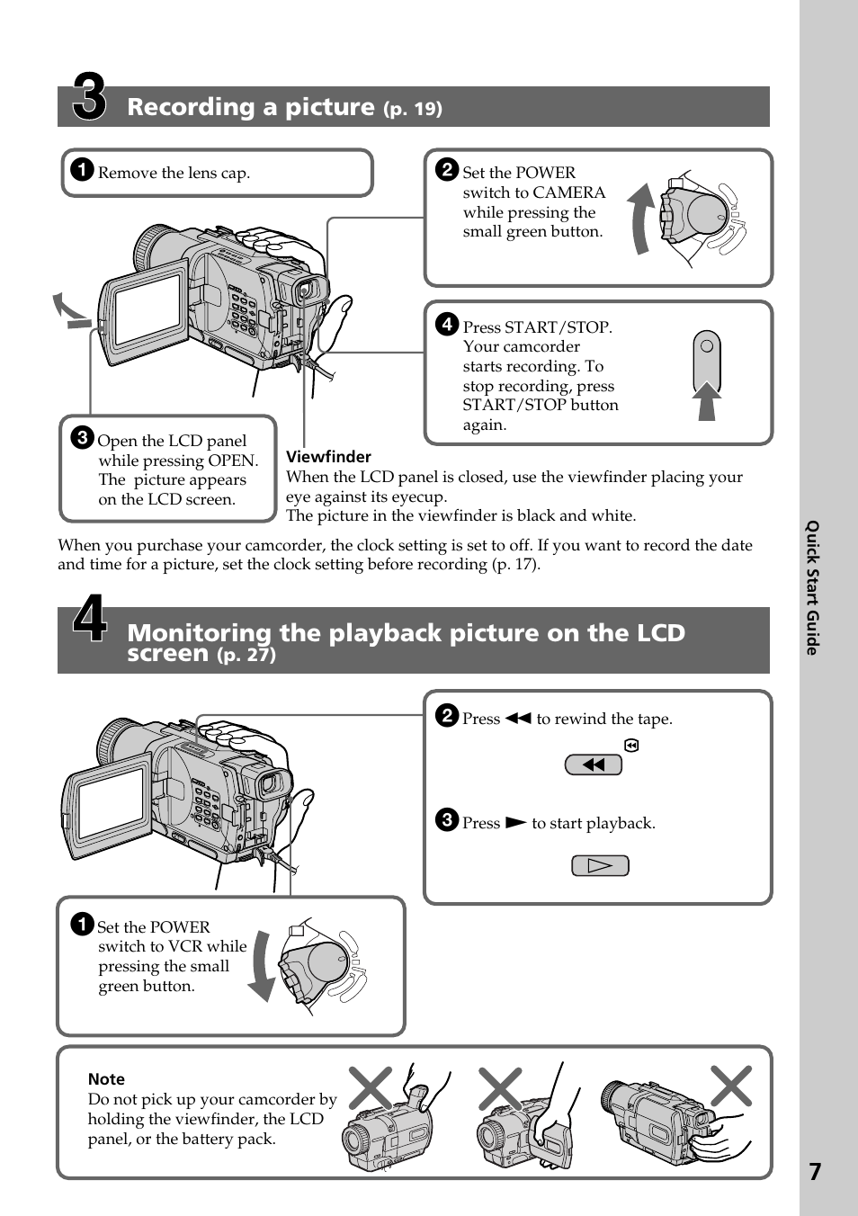 Recording a picture, Monitoring the playback picture on the lcd screen, Play rew | P. 19), P. 27) | Sony DCR-TRV830 User Manual | Page 7 / 168