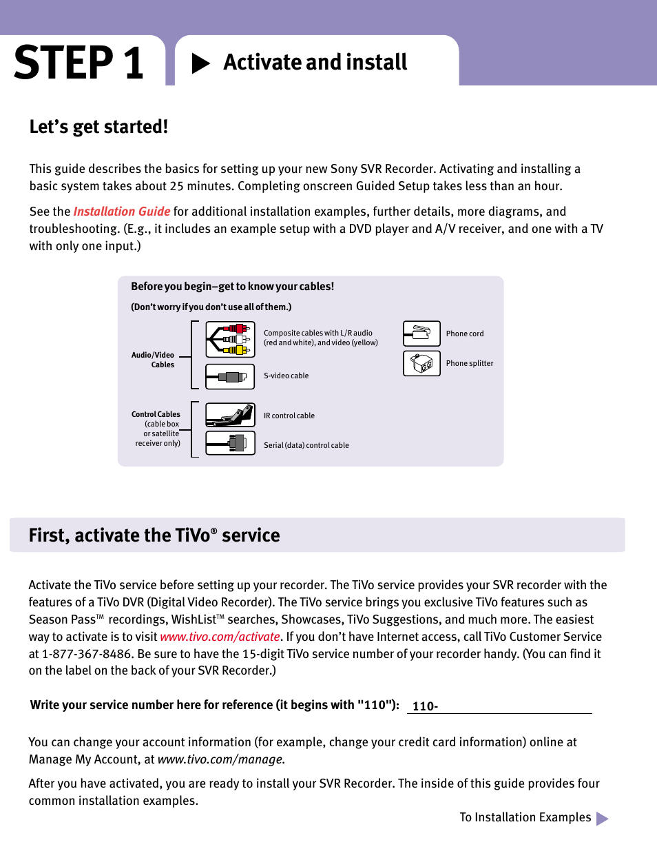 Step 1, Activate and install, Let’s get started | First, activate the tivo, Service | Sony SVR-3000 User Manual | Page 2 / 8