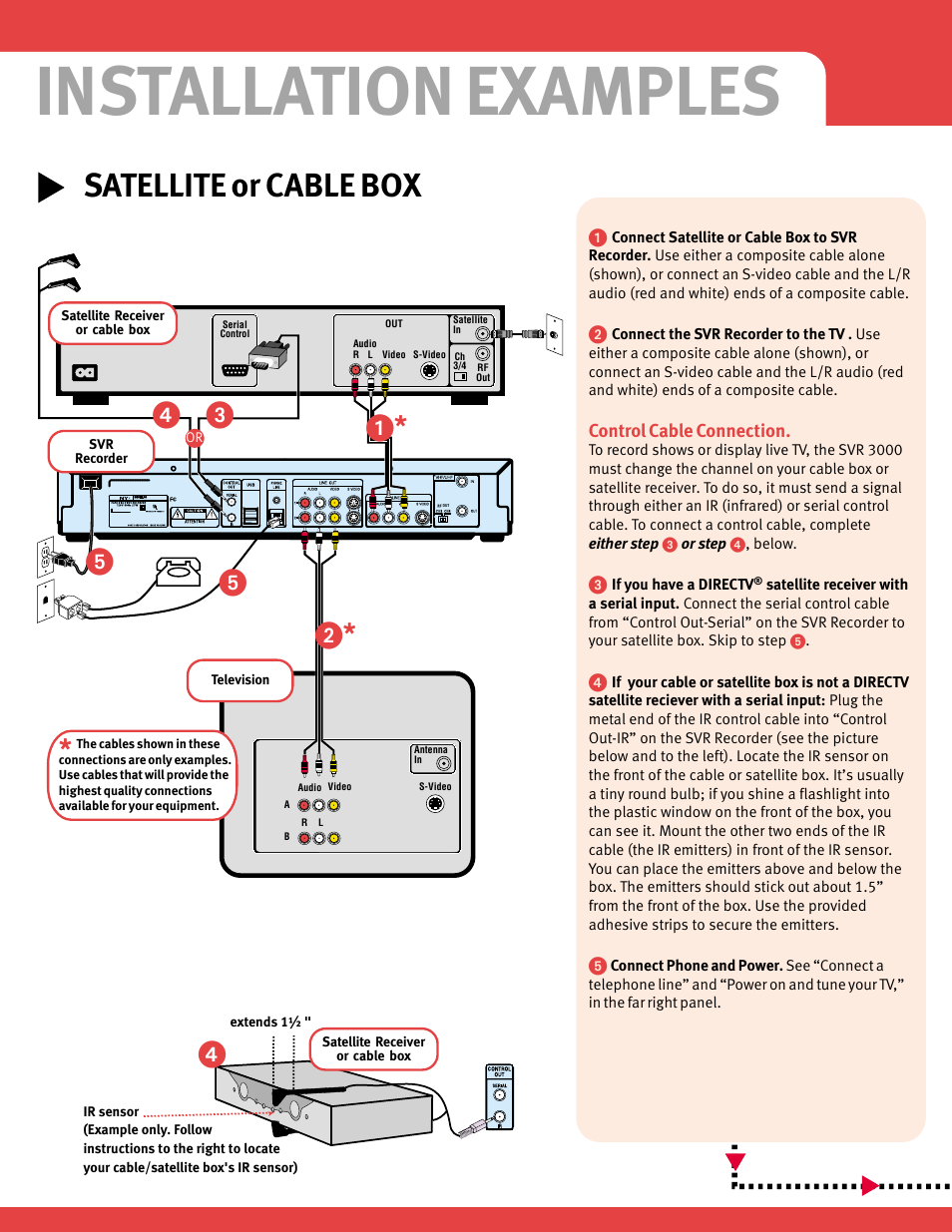 Installation examples, Satellite or cable box, ᕡ * ᕢ * ᕤ ᕥ ᕥ ᕣ | Sony SVR-3000 User Manual | Page 3 / 8