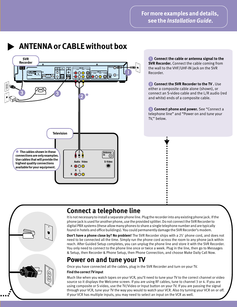 Antenna or cable without box, Connect a telephone line, Power on and tune your tv | ᕡᕢ * ᕣ ᕣ | Sony SVR-3000 User Manual | Page 6 / 8