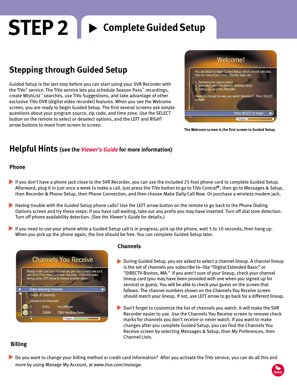 Step 2, Complete guided setup, Stepping through guided setup | Helpful hints | Sony SVR-3000 User Manual | Page 7 / 8