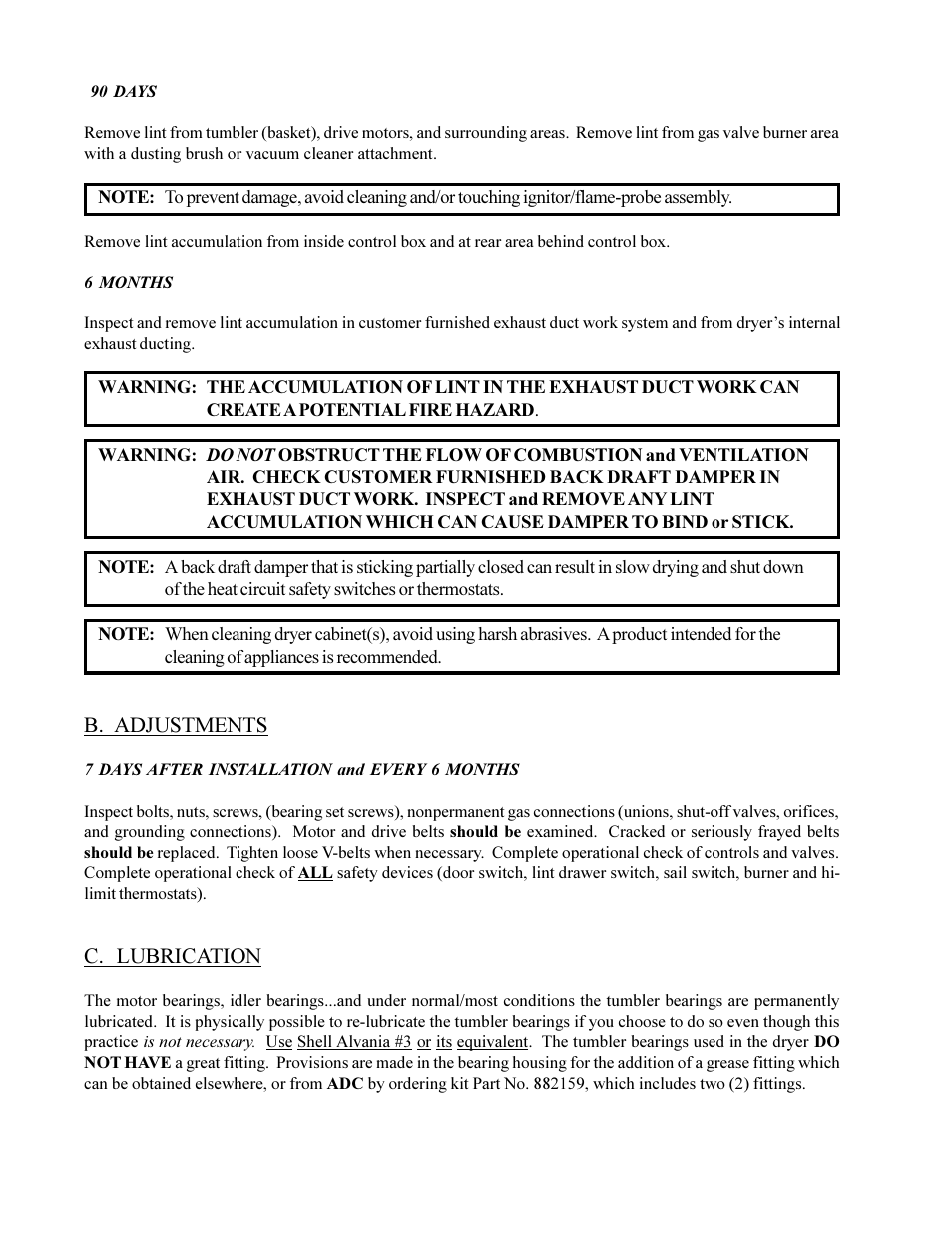 B. adjustments, C. lubrication | American Dryer Corp. Phase 6 Microprocessor Controls ML-190HS User Manual | Page 10 / 63