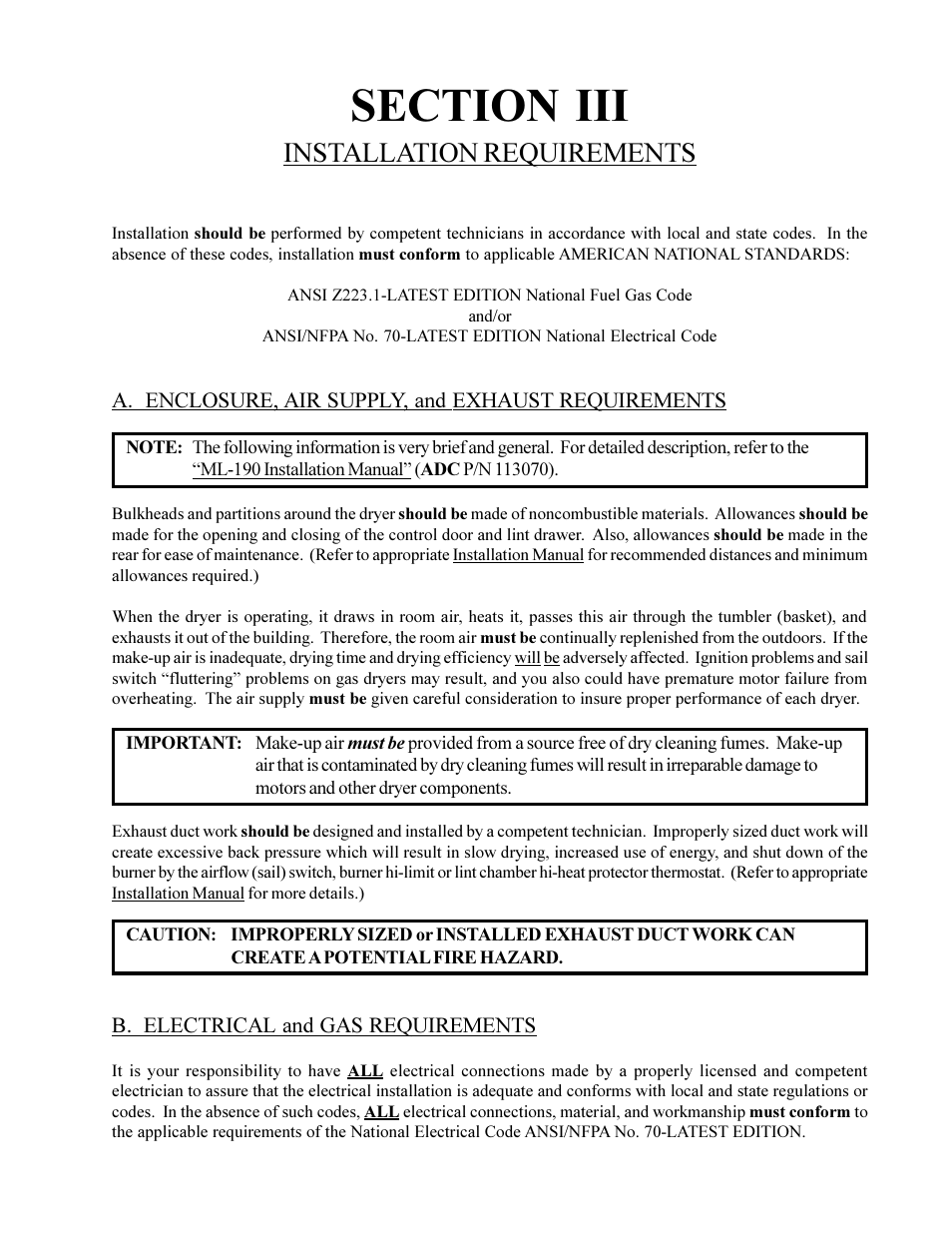Section iii, Installation requirements, A. enclosure, air supply, and exhaust requirements | B. electrical and gas requirements | American Dryer Corp. Phase 6 Microprocessor Controls ML-190HS User Manual | Page 11 / 63