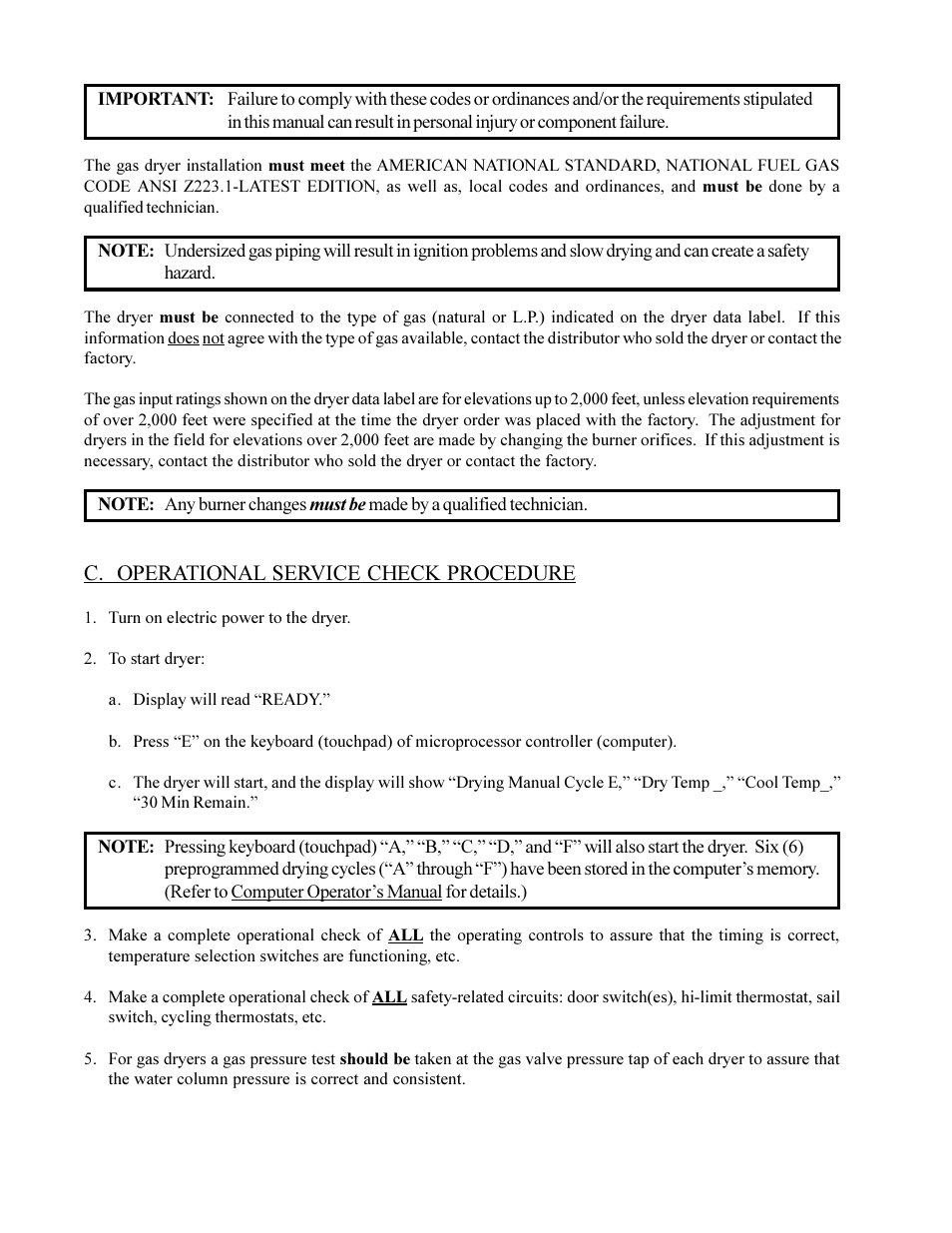 C. operational service check procedure | American Dryer Corp. Phase 6 Microprocessor Controls ML-190HS User Manual | Page 12 / 63