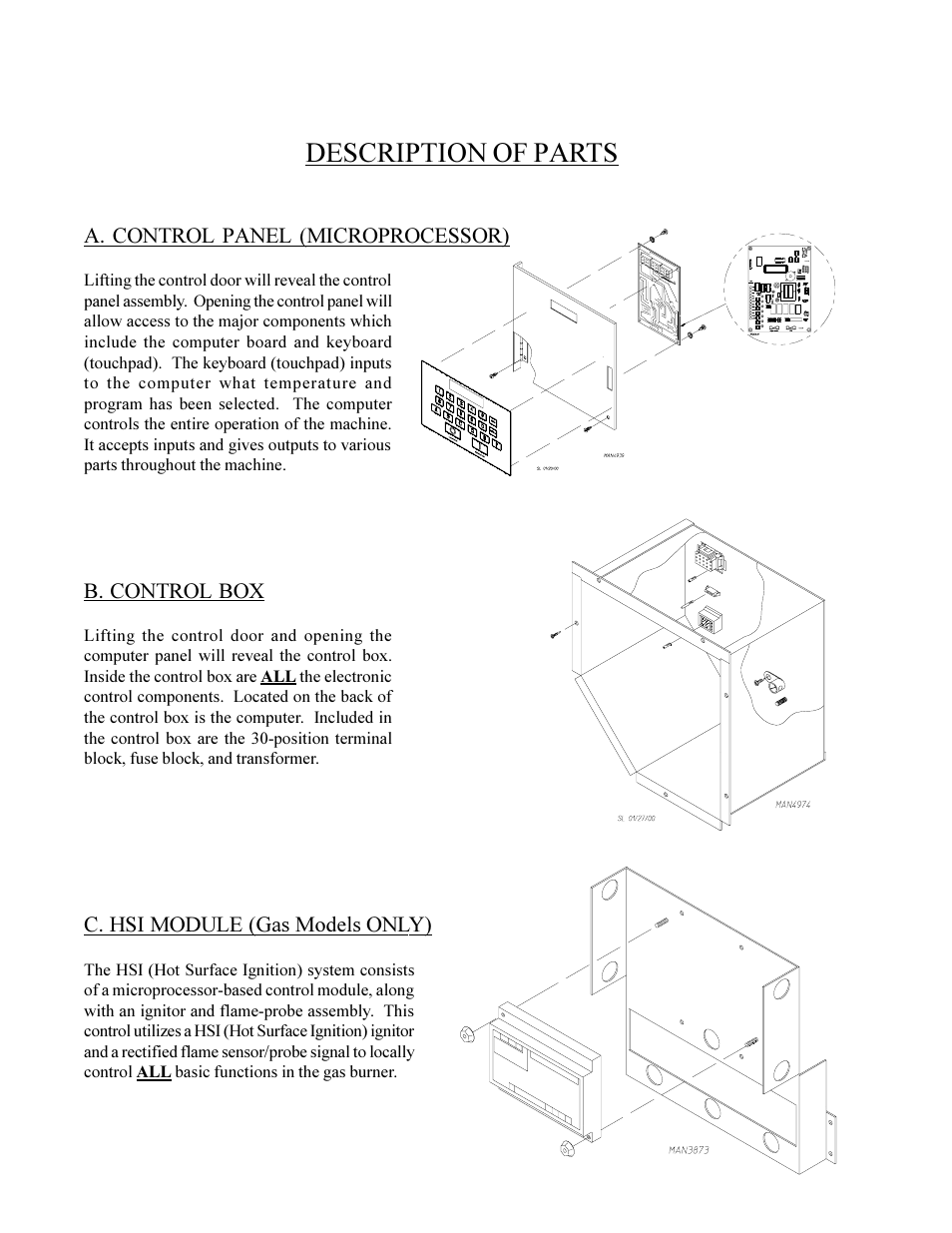 Section iv, Description of parts, A. control panel (microprocessor) | B. control box, C. hsi module (gas models only) | American Dryer Corp. Phase 6 Microprocessor Controls ML-190HS User Manual | Page 14 / 63