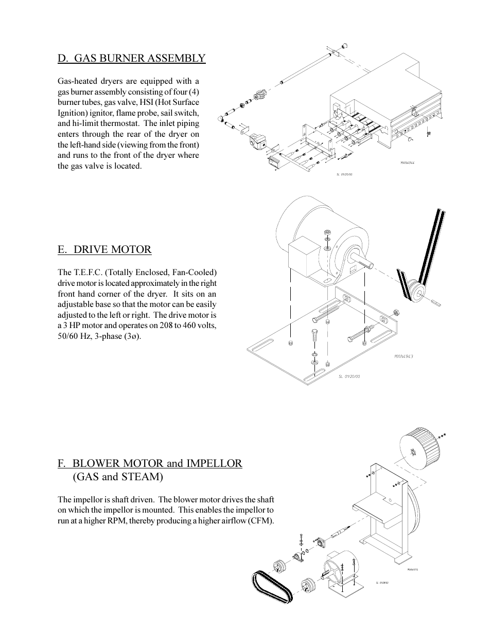 D. gas burner assembly, E. drive motor, F. blower motor and impellor (gas and steam) | I cant read number | American Dryer Corp. Phase 6 Microprocessor Controls ML-190HS User Manual | Page 15 / 63