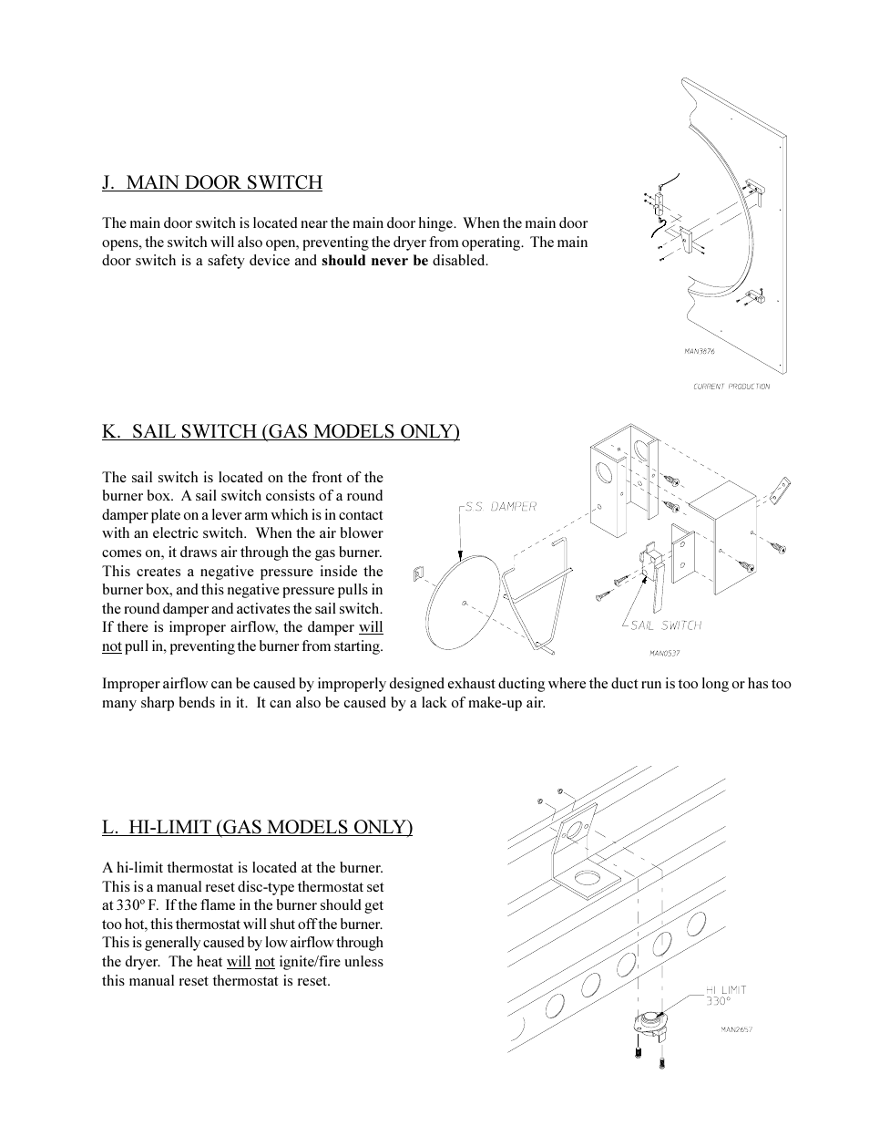 J. main door switch, K. sail switch (gas models only), L. hi-limit (gas models only) | American Dryer Corp. Phase 6 Microprocessor Controls ML-190HS User Manual | Page 17 / 63
