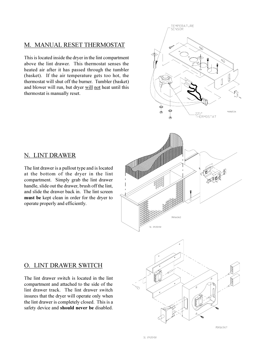 M. manual reset thermostat, N. lint drawer, O. lint drawer switch | American Dryer Corp. Phase 6 Microprocessor Controls ML-190HS User Manual | Page 18 / 63
