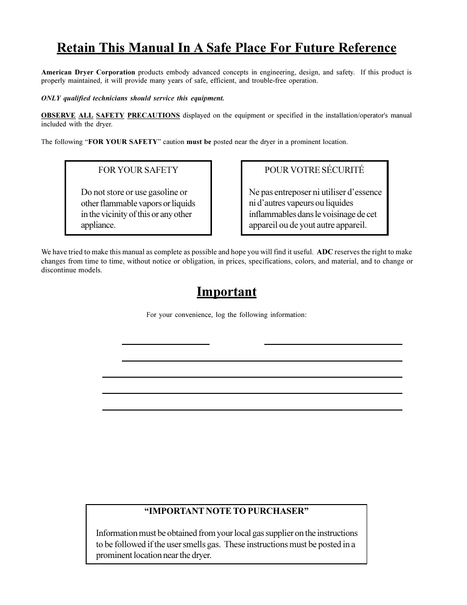 Important, Ml-190hs | American Dryer Corp. Phase 6 Microprocessor Controls ML-190HS User Manual | Page 2 / 63