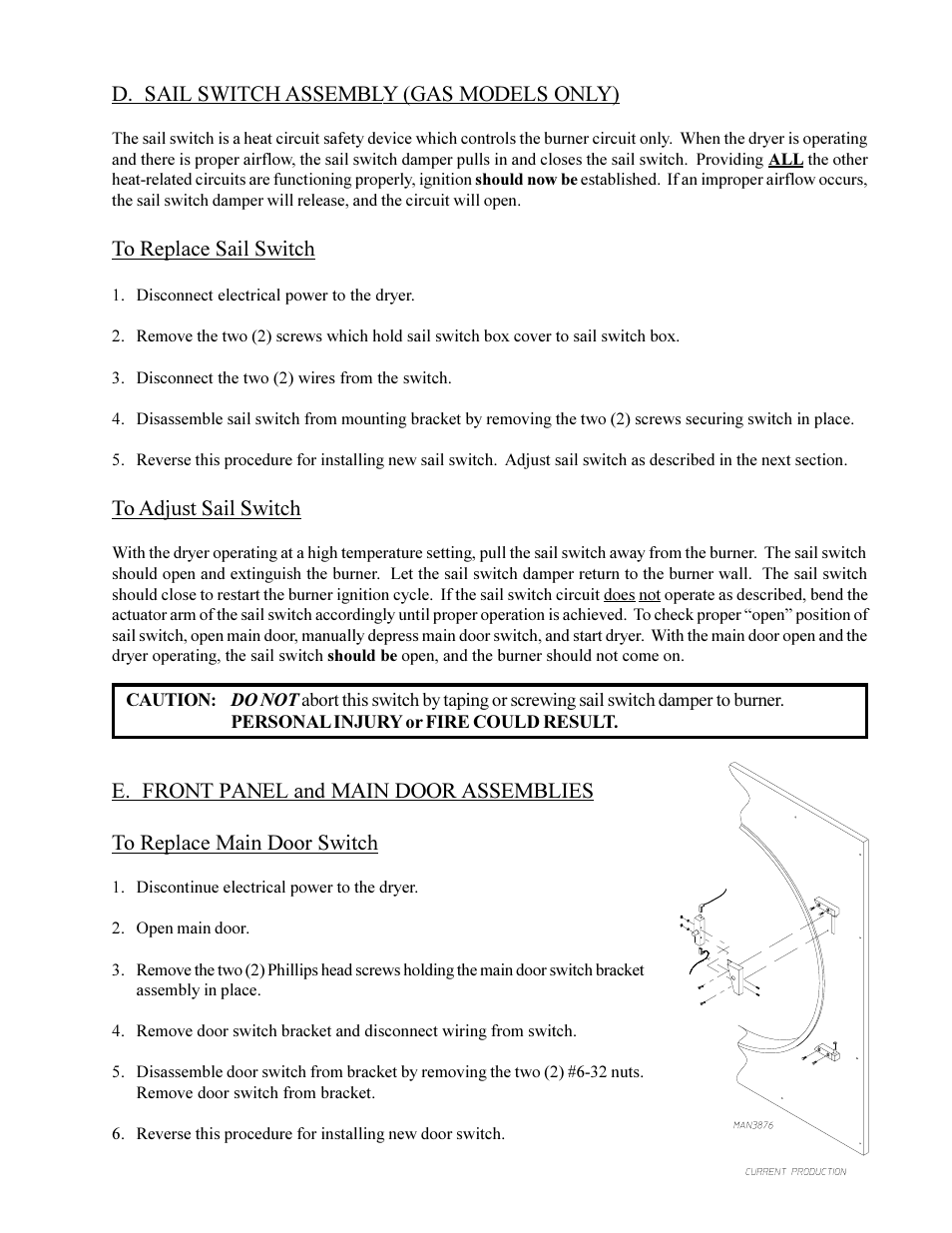 D. sail switch assembly (gas models only), E. front panel and main door assemblies | American Dryer Corp. Phase 6 Microprocessor Controls ML-190HS User Manual | Page 27 / 63