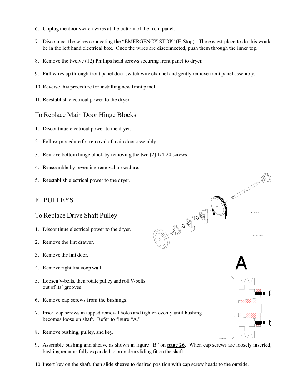F. pulleys, F. pulleys to replace drive shaft pulley | American Dryer Corp. Phase 6 Microprocessor Controls ML-190HS User Manual | Page 29 / 63
