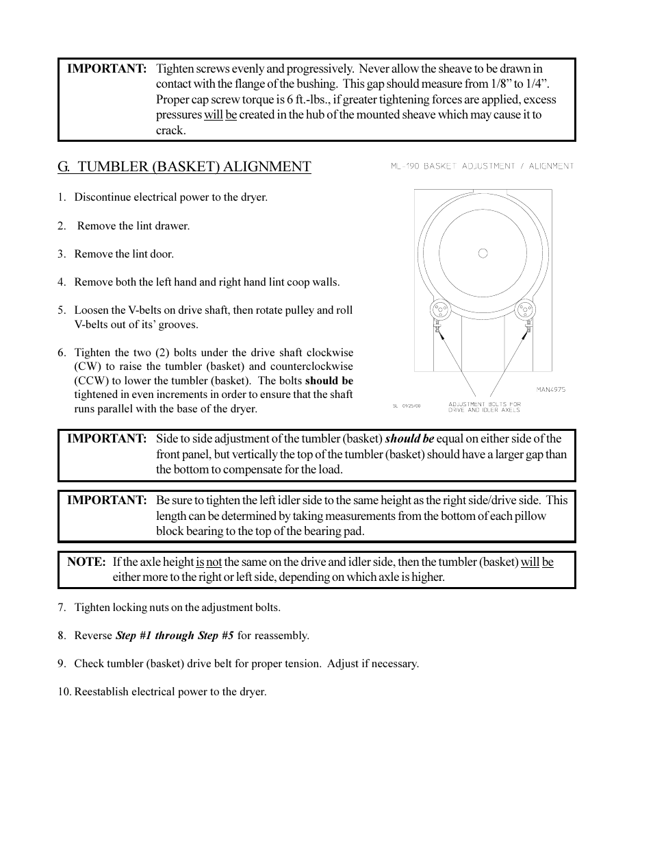 G. tumbler (basket) alignment | American Dryer Corp. Phase 6 Microprocessor Controls ML-190HS User Manual | Page 32 / 63
