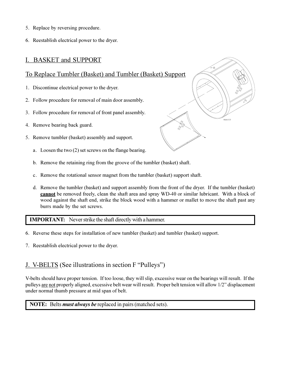 I. basket and support, J. v-belts | American Dryer Corp. Phase 6 Microprocessor Controls ML-190HS User Manual | Page 36 / 63