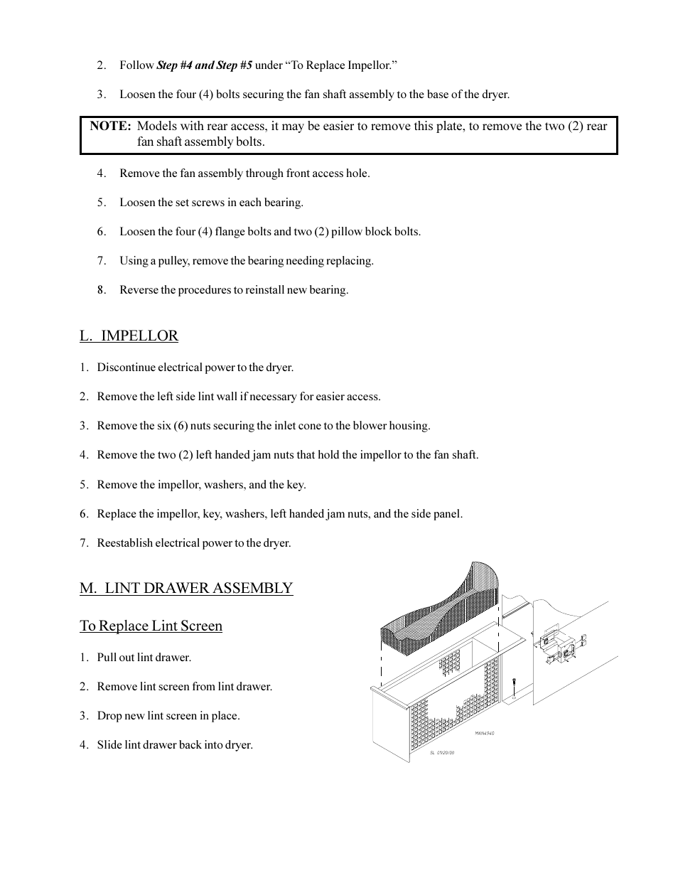 L. impellor, M. lint drawer assembly | American Dryer Corp. Phase 6 Microprocessor Controls ML-190HS User Manual | Page 39 / 63