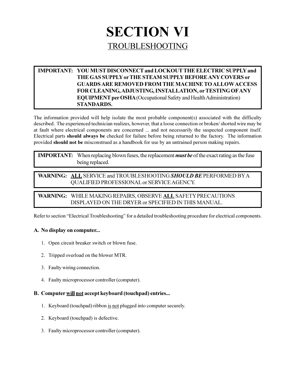 Section vi, Troubleshooting | American Dryer Corp. Phase 6 Microprocessor Controls ML-190HS User Manual | Page 41 / 63