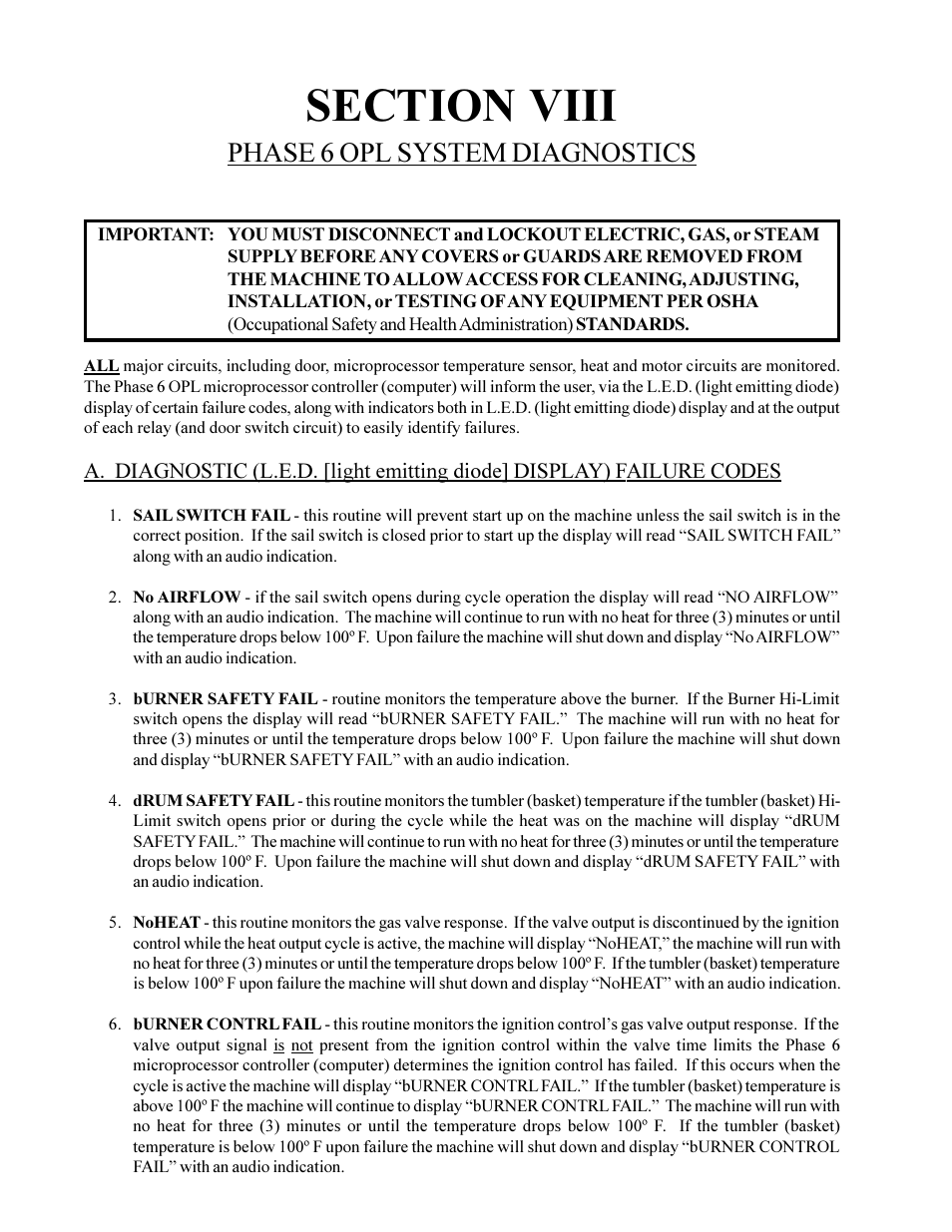 Section viii, Phase 6 opl system diagnostics | American Dryer Corp. Phase 6 Microprocessor Controls ML-190HS User Manual | Page 46 / 63