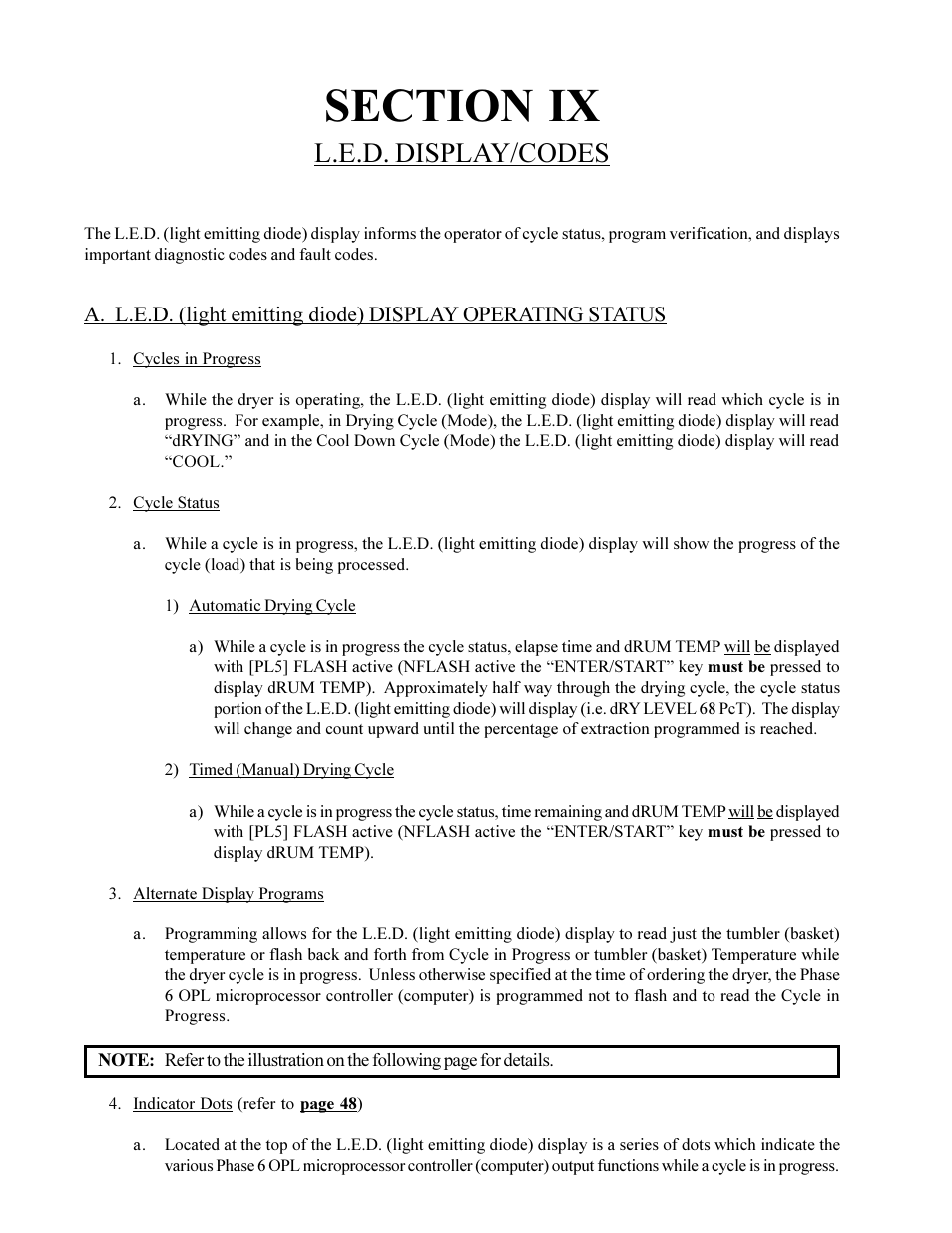 Section ix, L.e.d. display/codes | American Dryer Corp. Phase 6 Microprocessor Controls ML-190HS User Manual | Page 50 / 63
