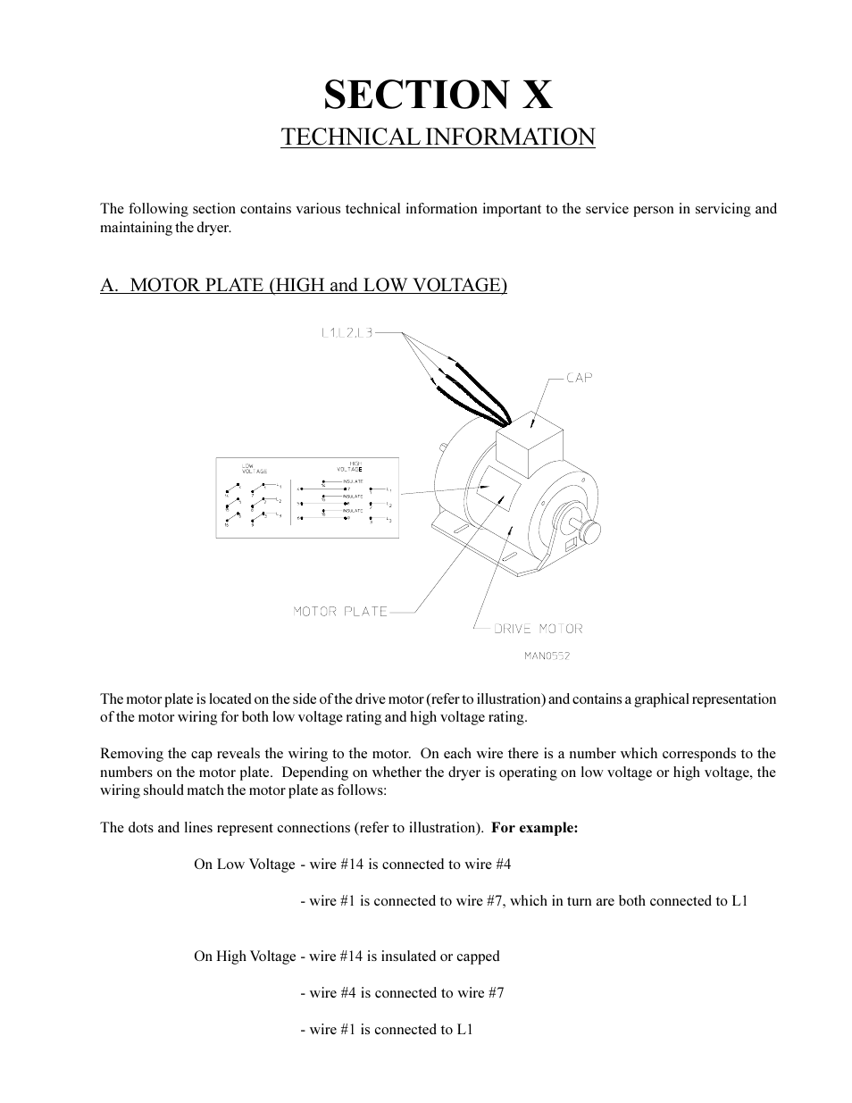 Section x, Technical information, A. motor plate (high and low voltage) | American Dryer Corp. Phase 6 Microprocessor Controls ML-190HS User Manual | Page 59 / 63