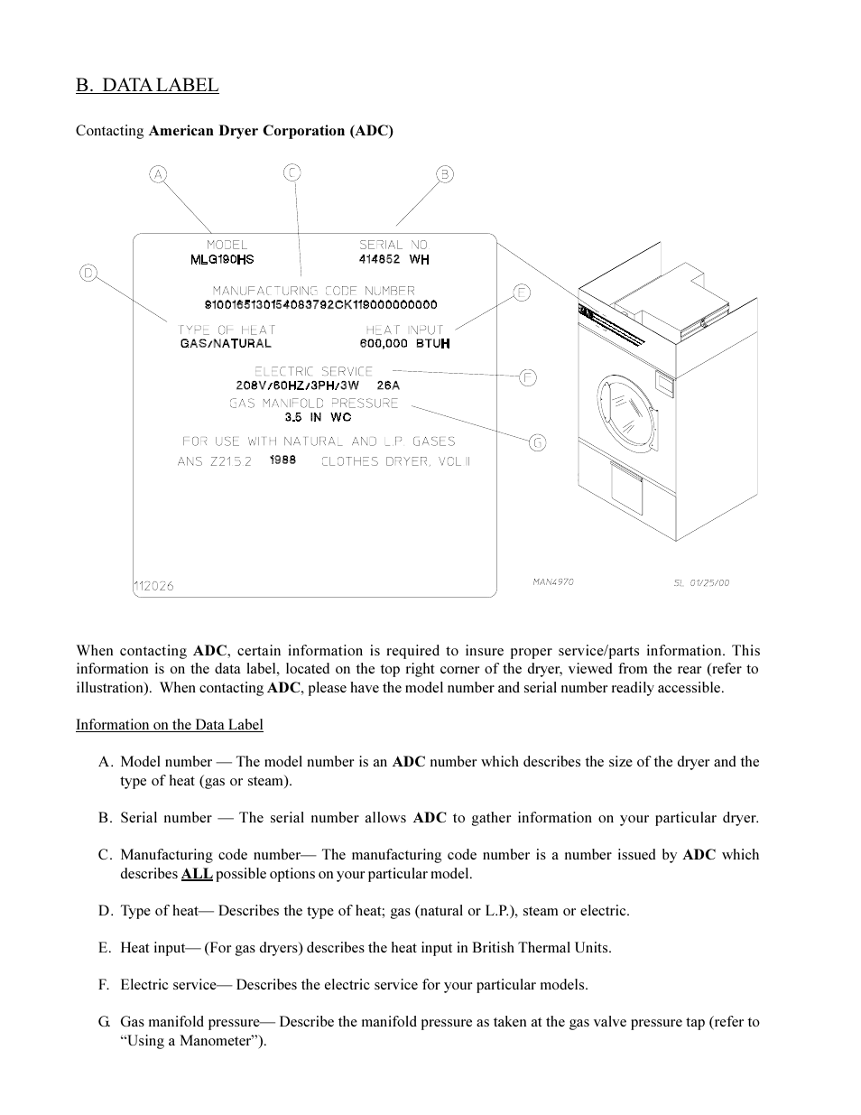 B. data label | American Dryer Corp. Phase 6 Microprocessor Controls ML-190HS User Manual | Page 60 / 63