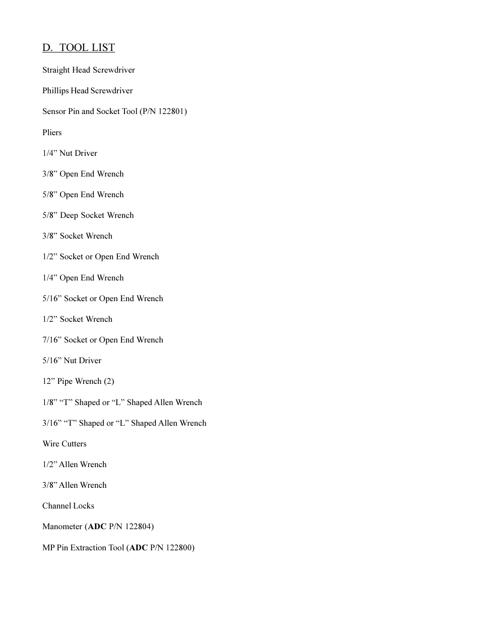 D. tool list | American Dryer Corp. Phase 6 Microprocessor Controls ML-190HS User Manual | Page 62 / 63