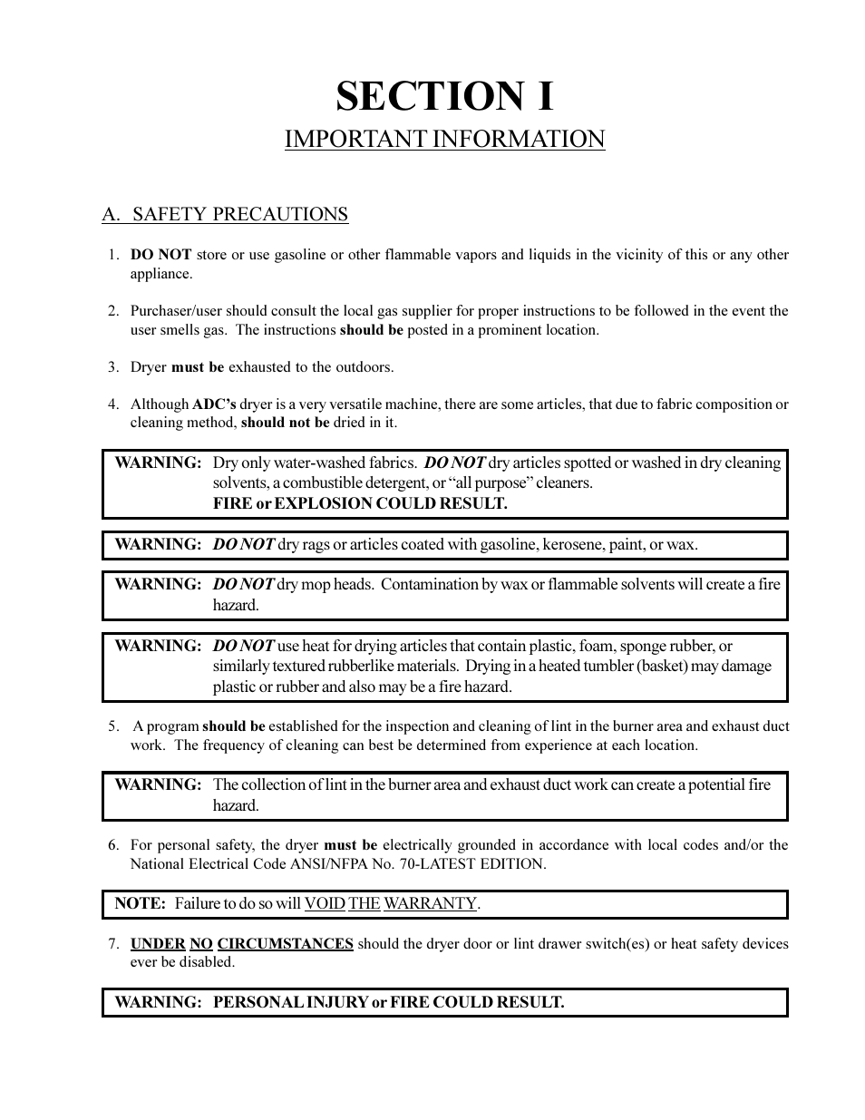 Section i, Important information, A. safety precautions | American Dryer Corp. Phase 6 Microprocessor Controls ML-190HS User Manual | Page 7 / 63