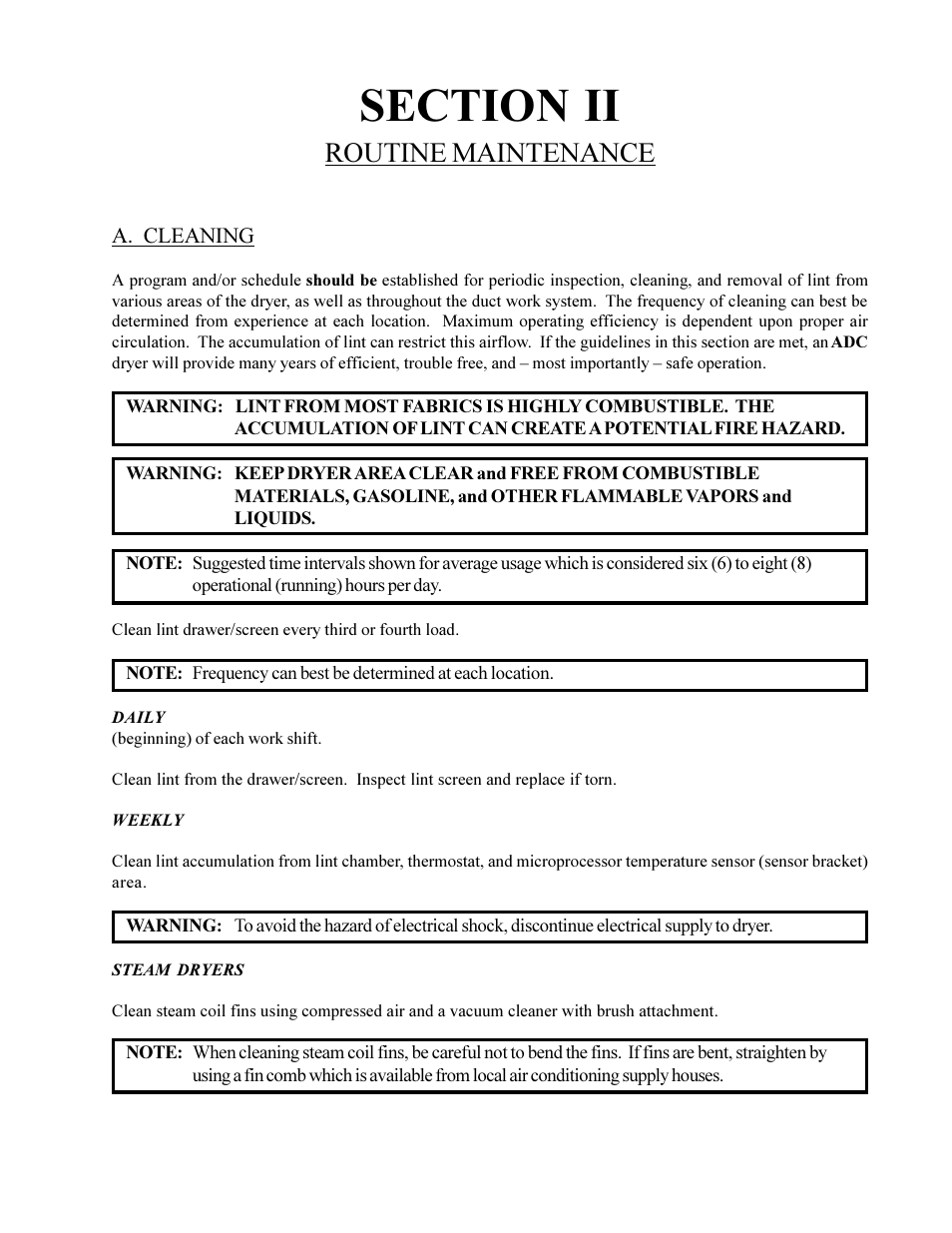 Section ii, Routine maintenance, A. cleaning | American Dryer Corp. Phase 6 Microprocessor Controls ML-190HS User Manual | Page 9 / 63
