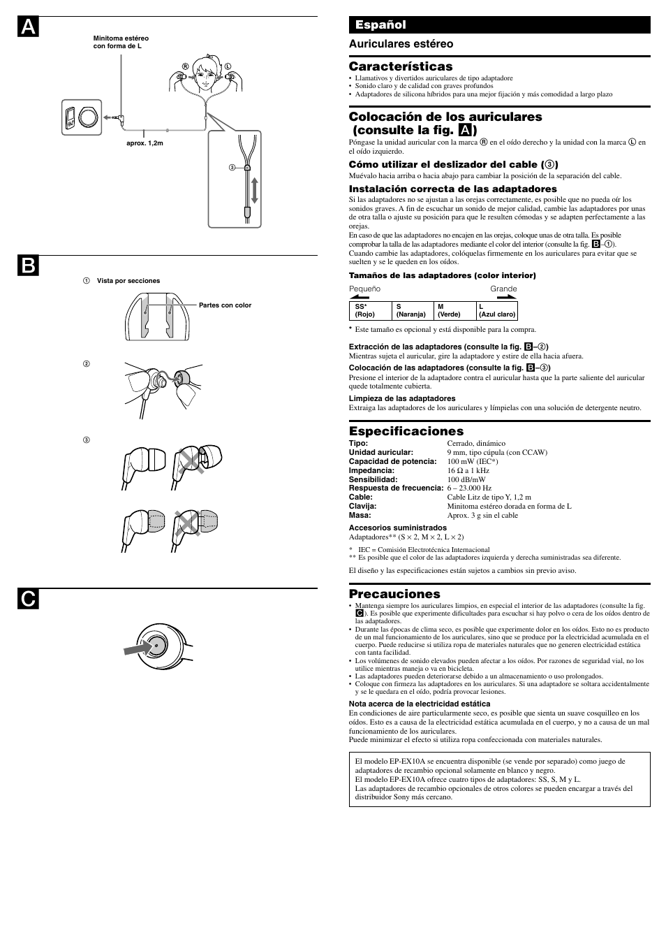 Características, Especificaciones, Precauciones | Español auriculares estéreo | Sony MDR-EX35LP User Manual | Page 2 / 2