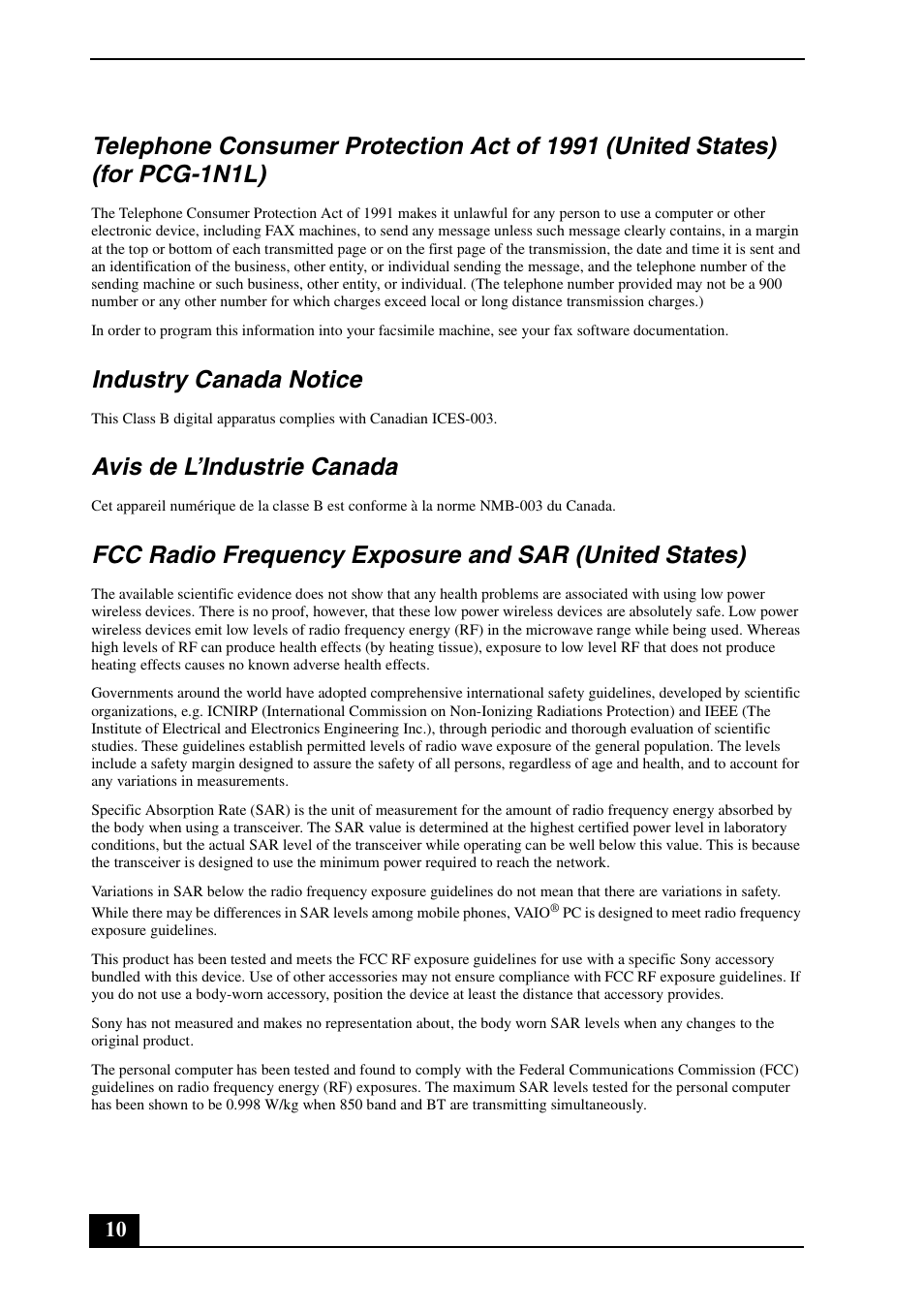 For pcg-1n1l), Industry canada notice, Avis de l’industrie canada | Sony VGN-UX490N User Manual | Page 10 / 20