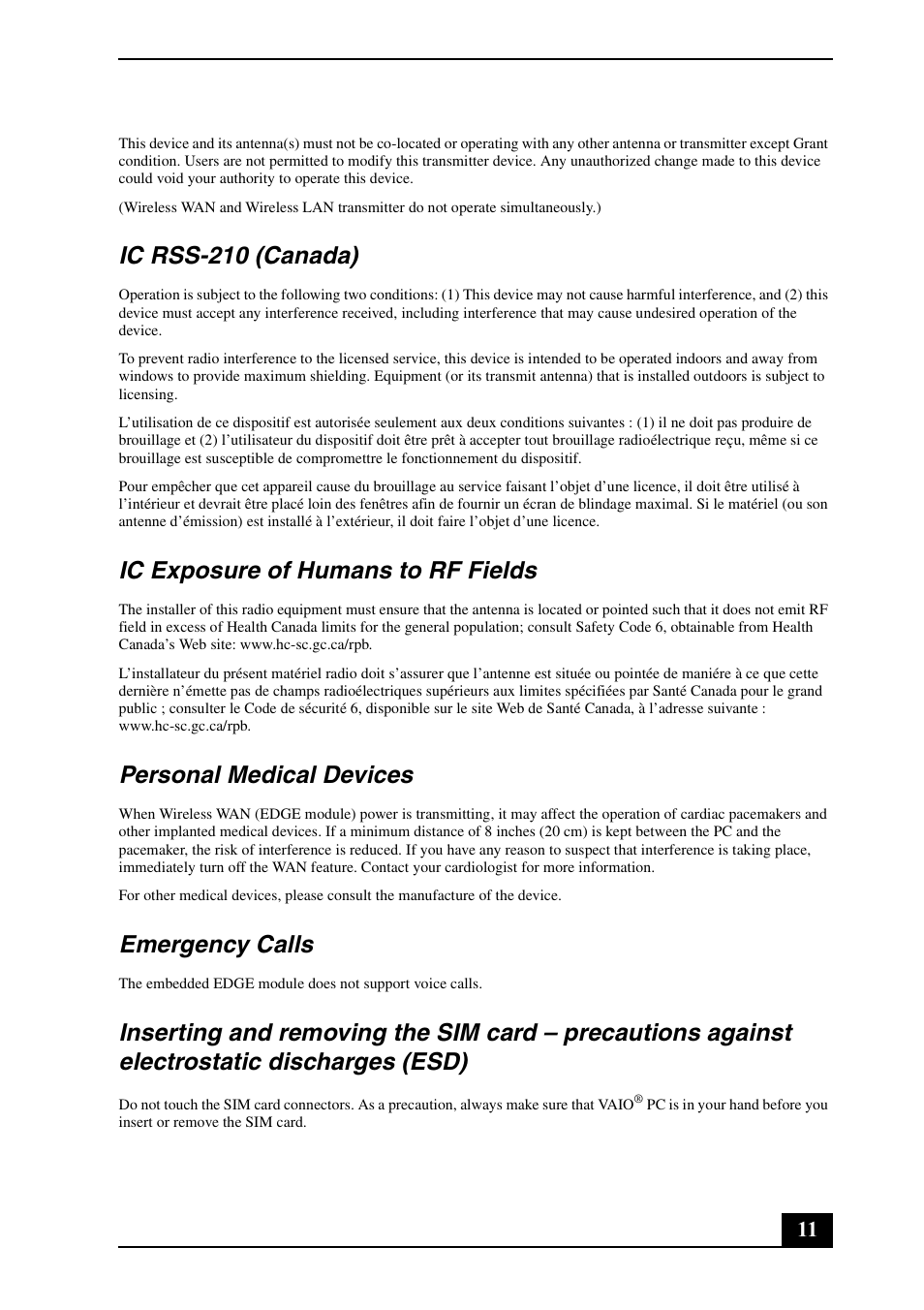 Ic rss-210 (canada), Ic exposure of humans to rf fields, Personal medical devices | Emergency calls | Sony VGN-UX490N User Manual | Page 11 / 20