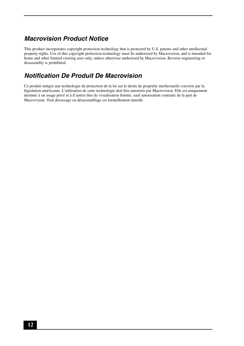 Macrovision product notice, Notification de produit de macrovision | Sony VGN-UX490N User Manual | Page 12 / 20