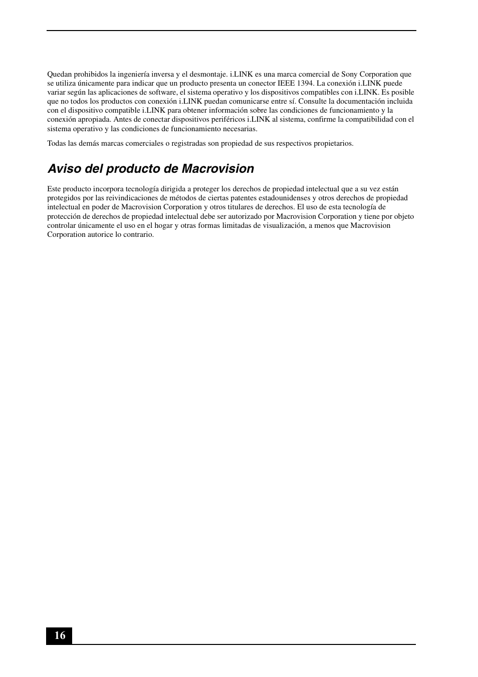 Aviso del producto de macrovision | Sony VGN-UX490N User Manual | Page 16 / 20