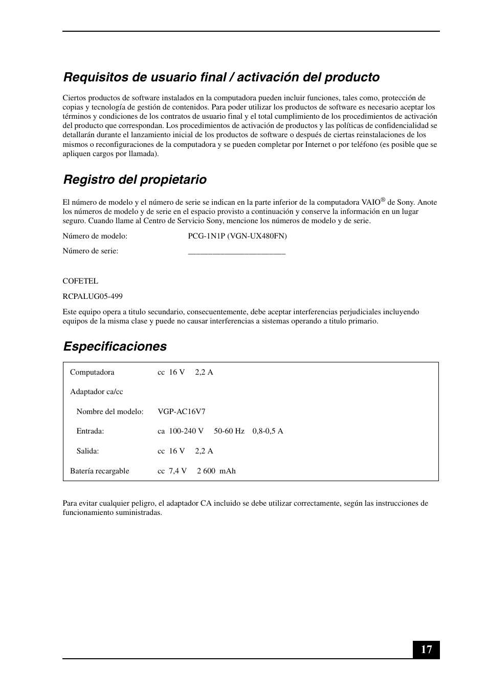 Registro del propietario, Especificaciones | Sony VGN-UX490N User Manual | Page 17 / 20
