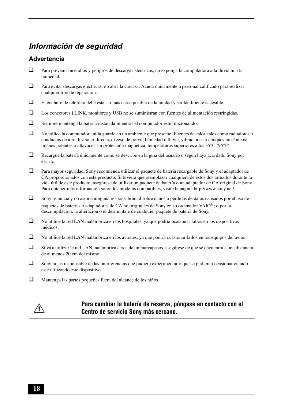 Información de seguridad | Sony VGN-UX490N User Manual | Page 18 / 20